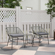 3 Pieces Rattan Bistro Set, Wicker Table and Chairs with Glass Top and Cushions, Light Grey