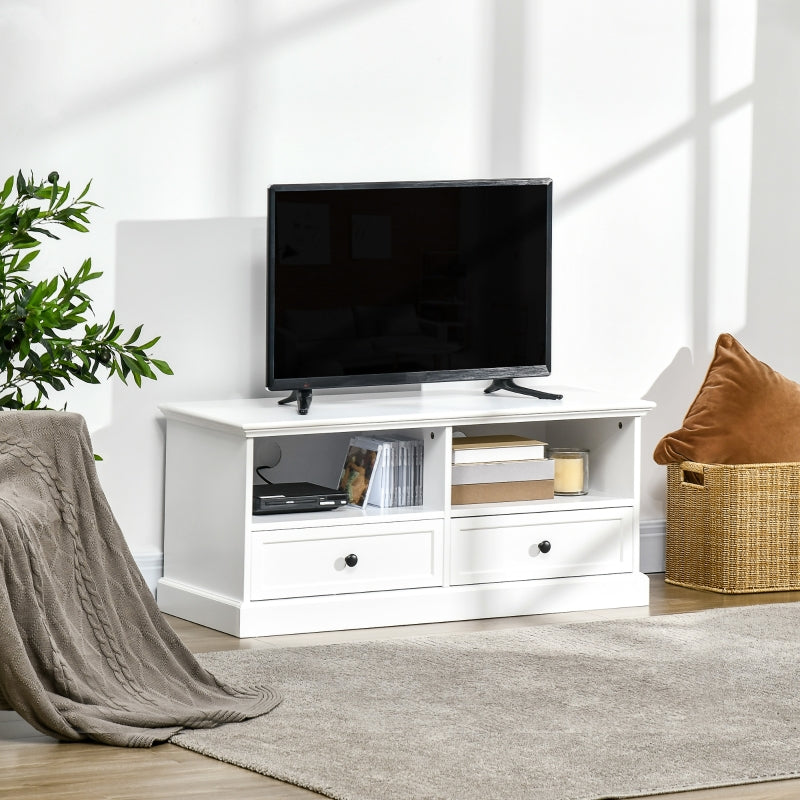 Modern TV Unit Cabinet for 45 Inch TVs, with Drawers, Open Shelves, Cable Holes, White
