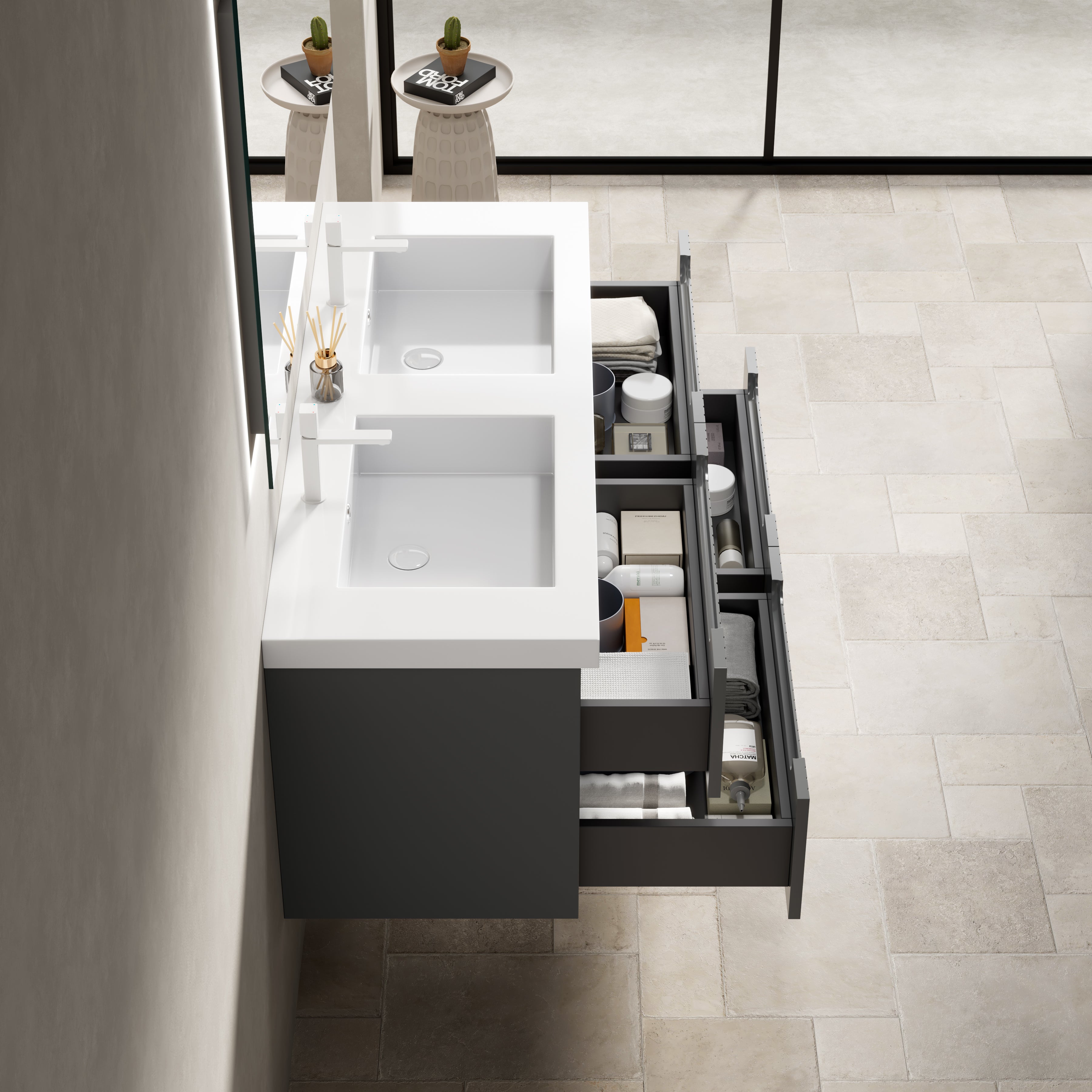 Floating Bathroom Vanity with Double Sinks and 4 Drawers, Plywood, Dark Grey