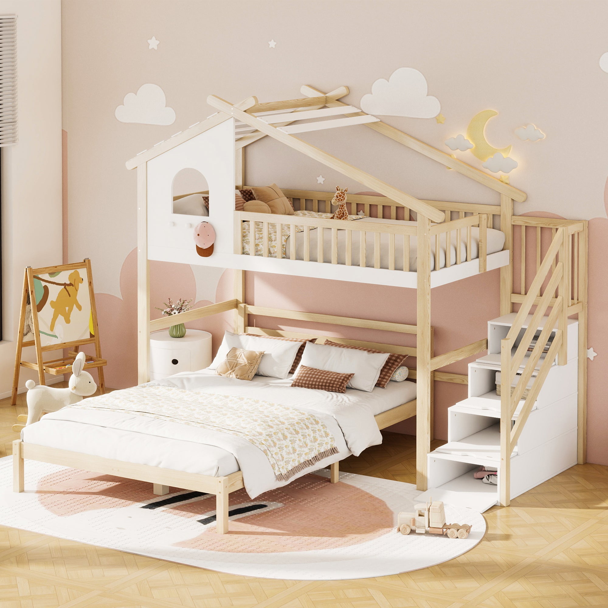 Bunk Bed with Storage Ladder, Bed Rail & Window, White + Natural