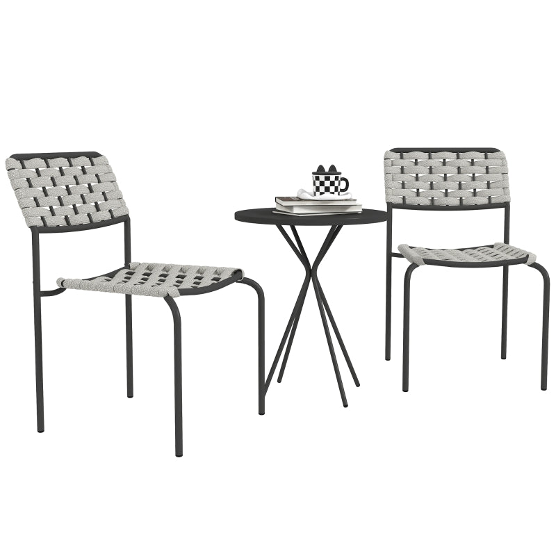 Polyrattan Garden Furniture Set, 2-Person 3-Piece Stackable Chairs & Table, Grey