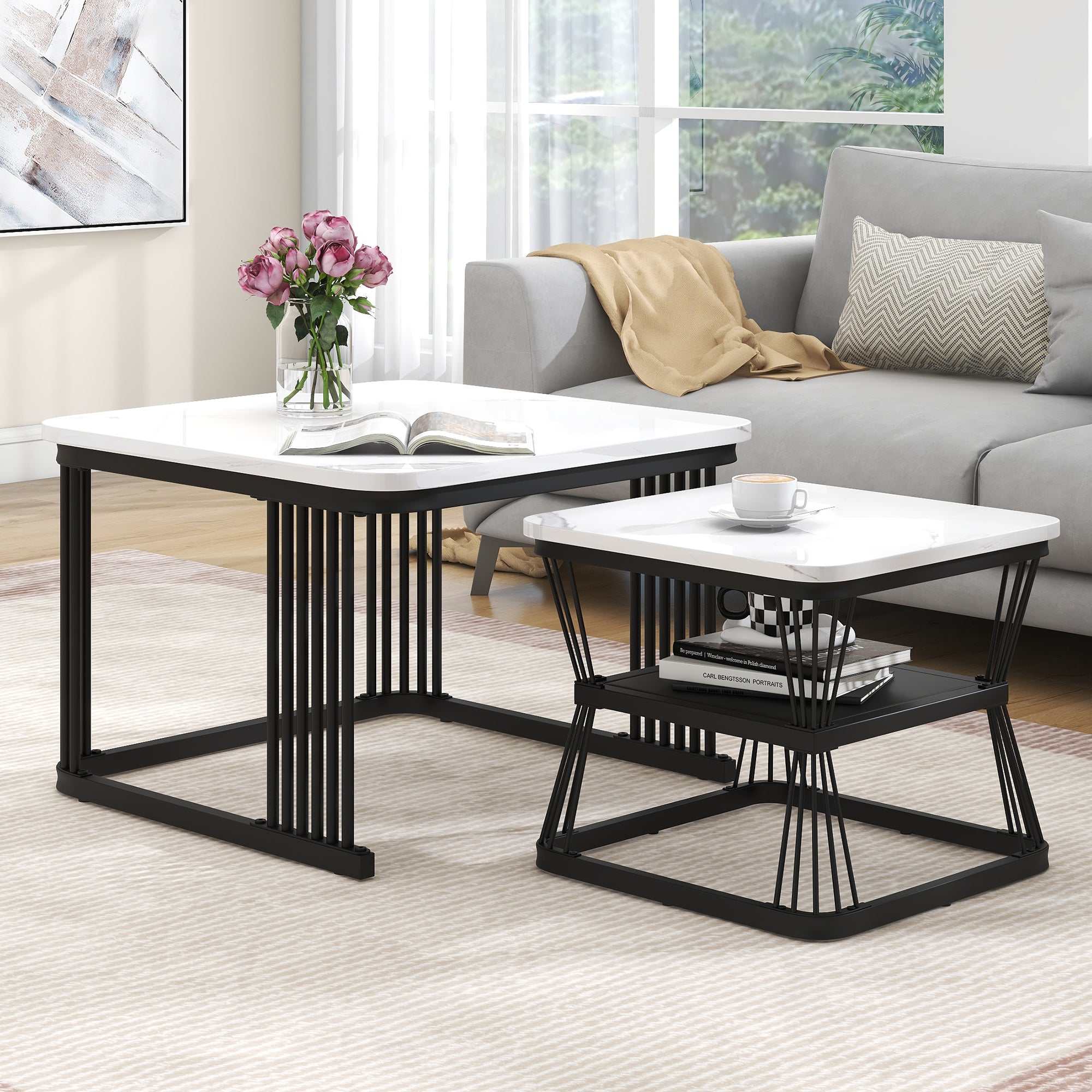 Set of 2 Modern Side Tables Marble Look Steel Frame - White/Black