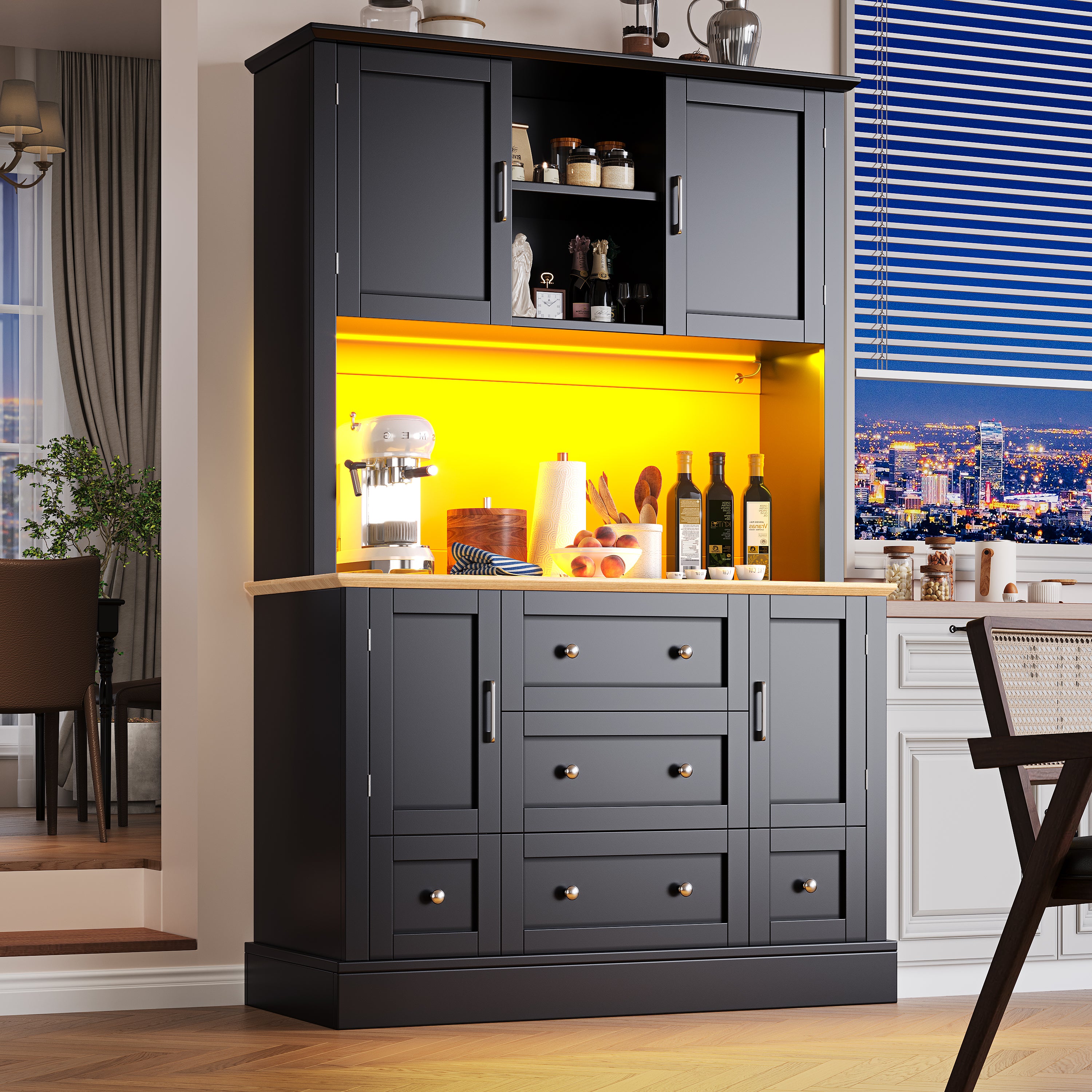 Tall Cabinet 115x180cm with LED App Control & Music, 4 Doors 5 Drawers Display Storage, Black