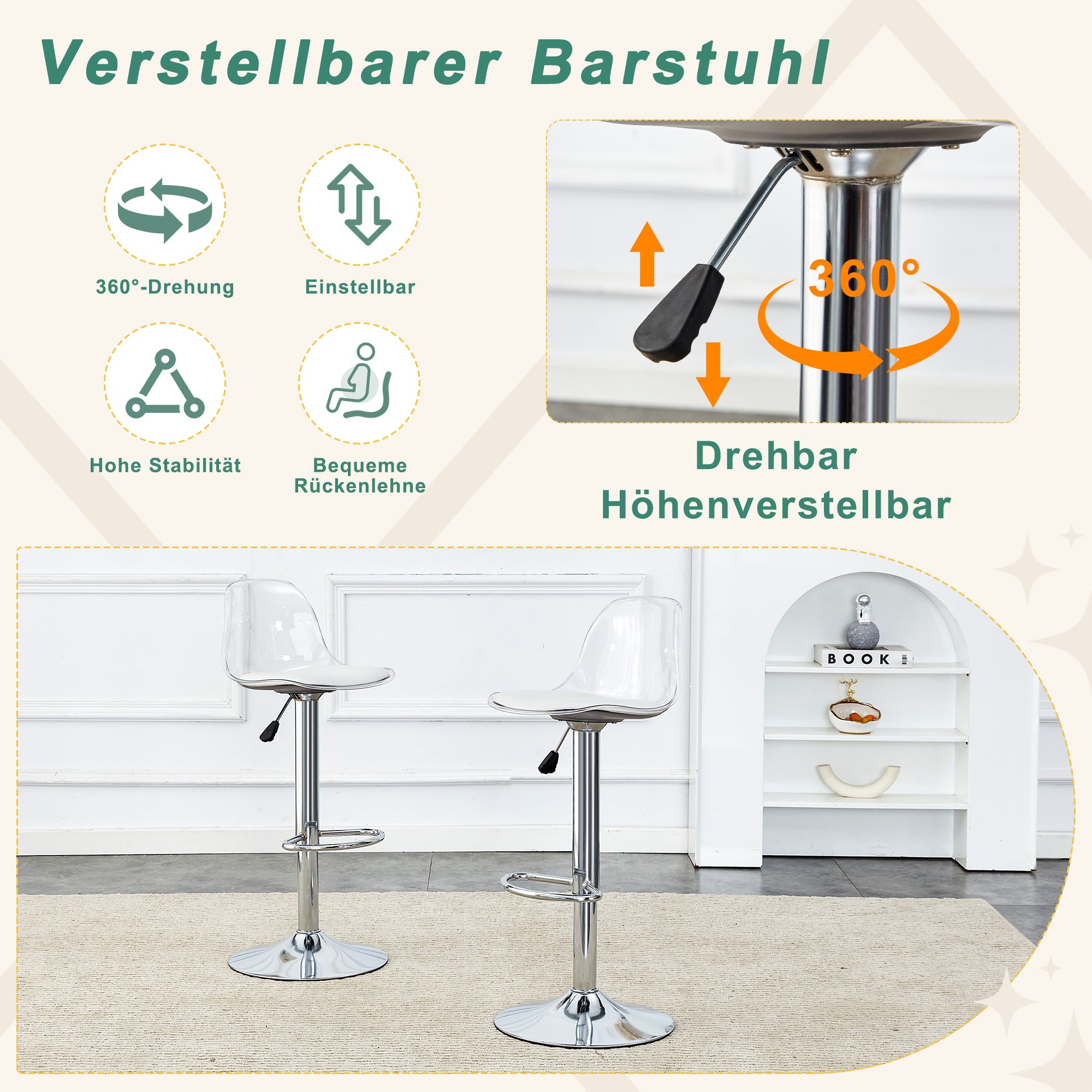 Adjustable Beam Chairs 2-Pack, Transparent Backrest, 360° Swivel, Silver Metal