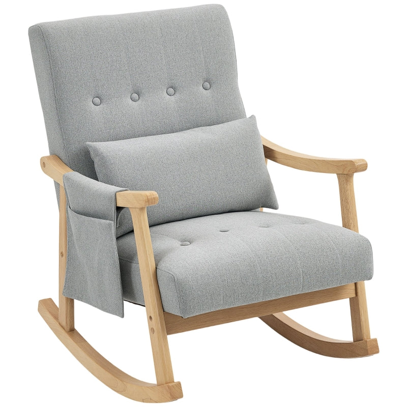 Wood Frame Rocking Accent Chair with 35° Rocking Base, Thick Padding, and Side Pocket, Light Grey