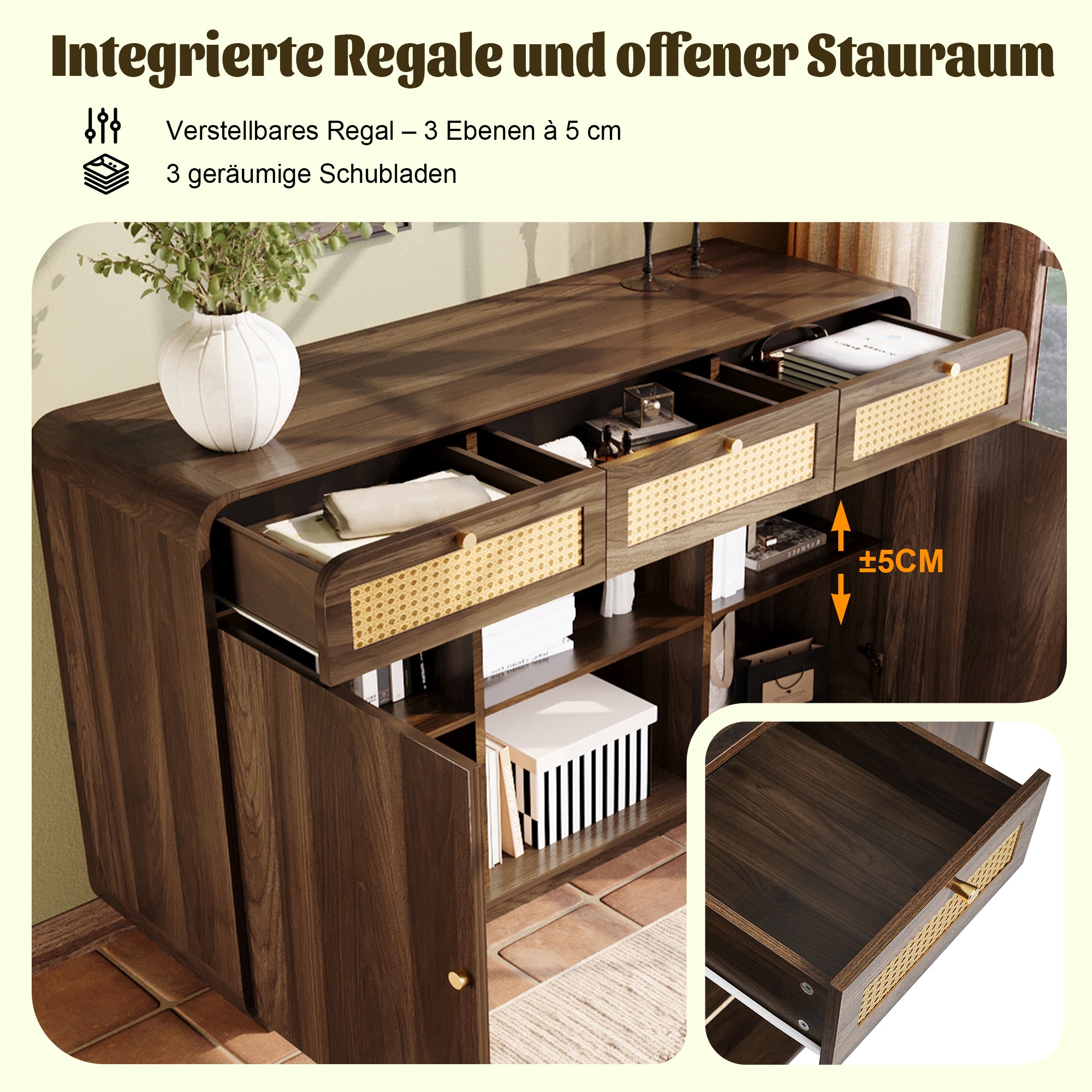 Chest of drawers/sideboard, 3 Drawers 2 Cabinets Rattan Gold Handles, 120cm Walnut