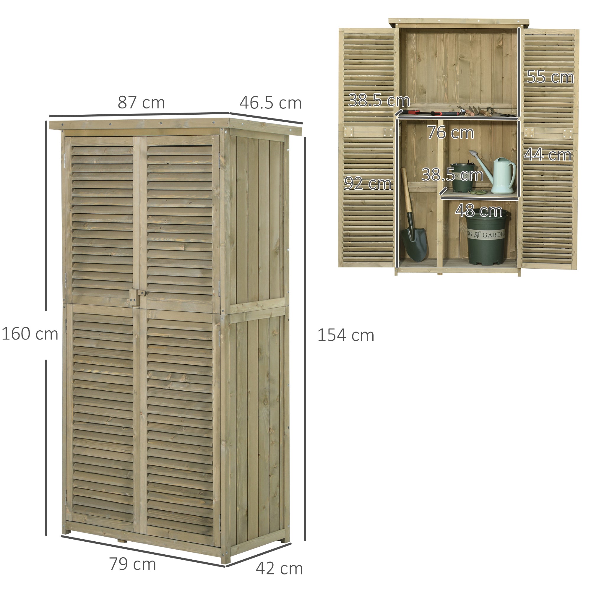 Tool Shed Wooden with Asphalt Roof, Louvre Door, 4 Compartments, Grey