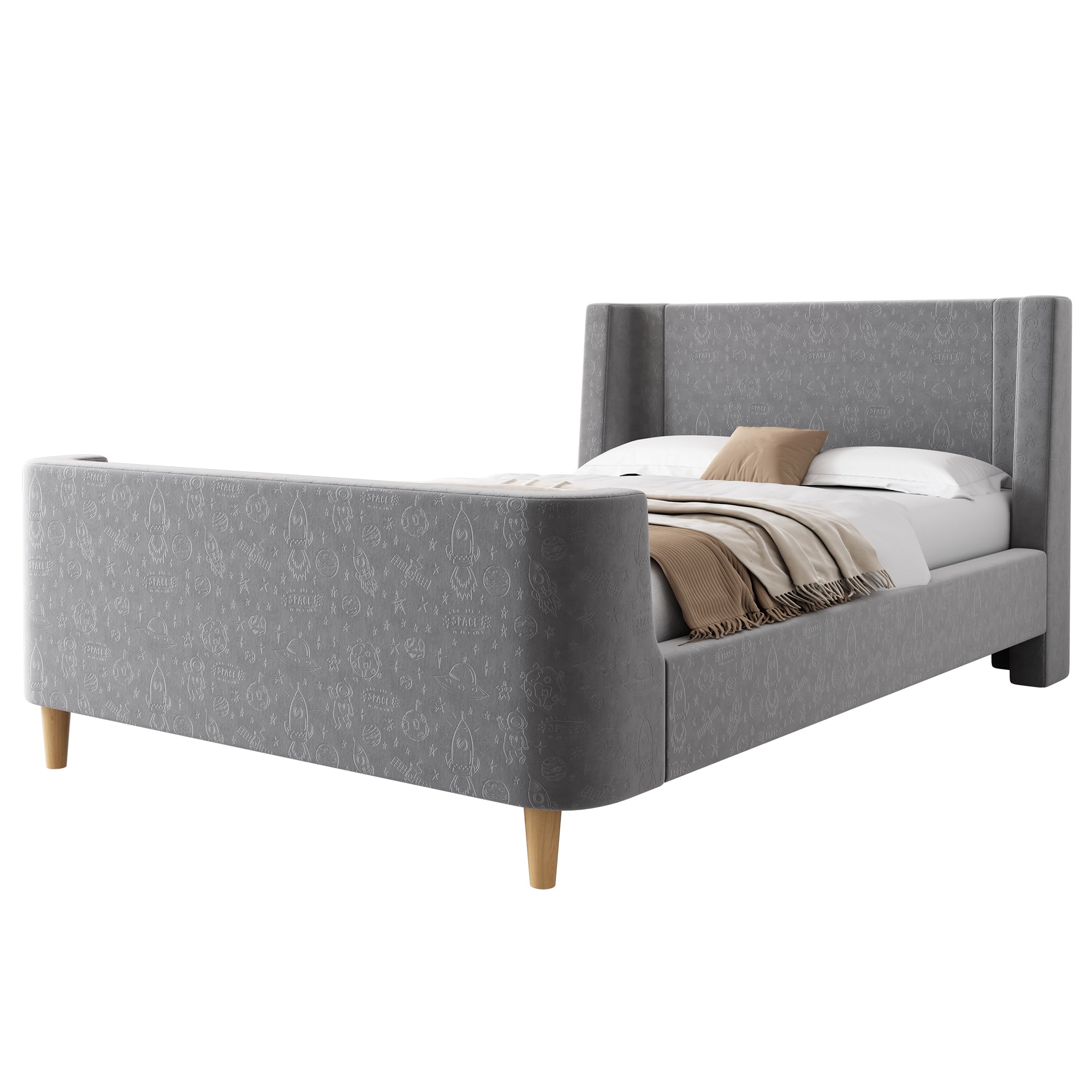 Children's Bed Upholstered Sleigh with Cosmic Pattern, 90x200cm, Grey Velvet