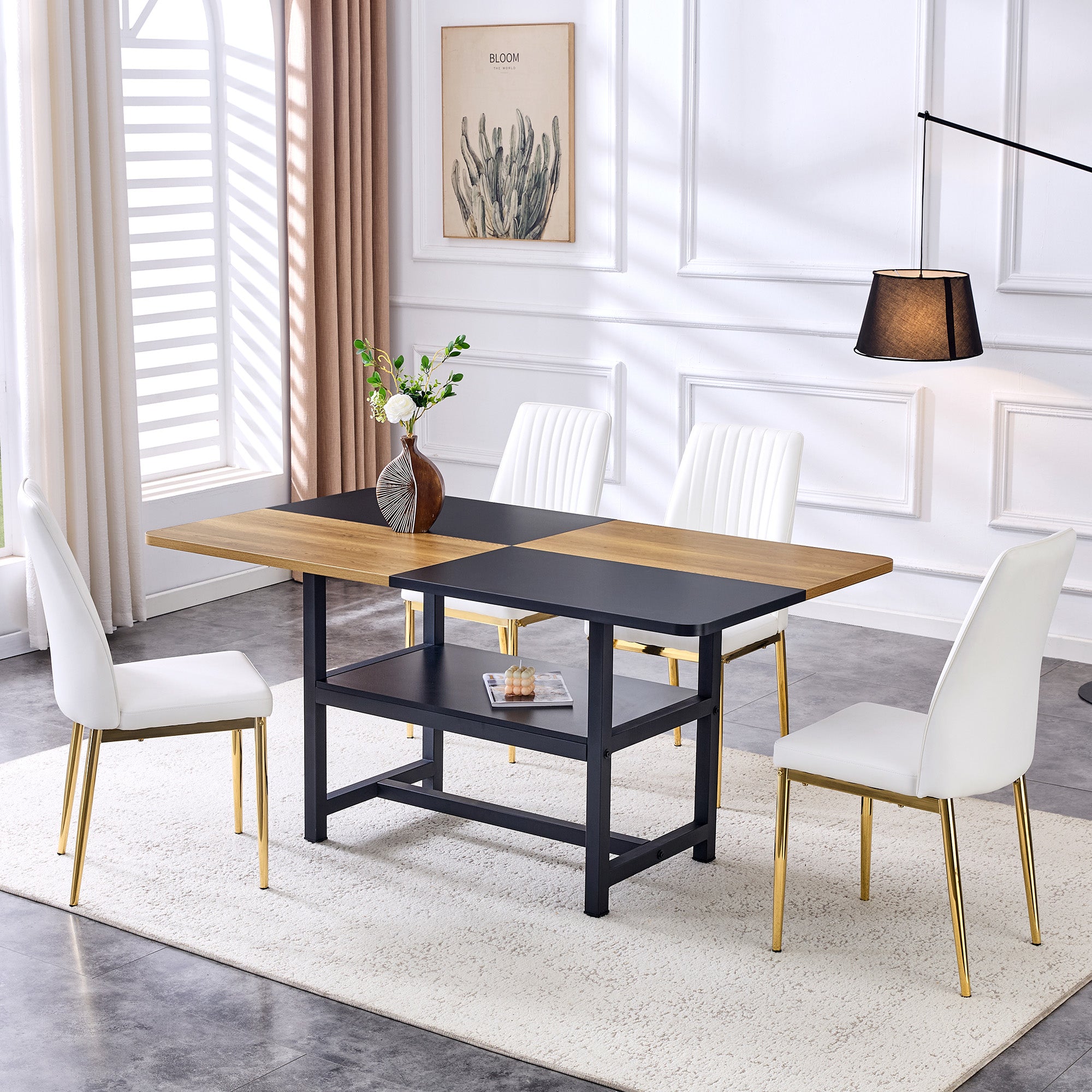 Table set with rectangular dining table, storage shelf, 4 armchairs, faux leather