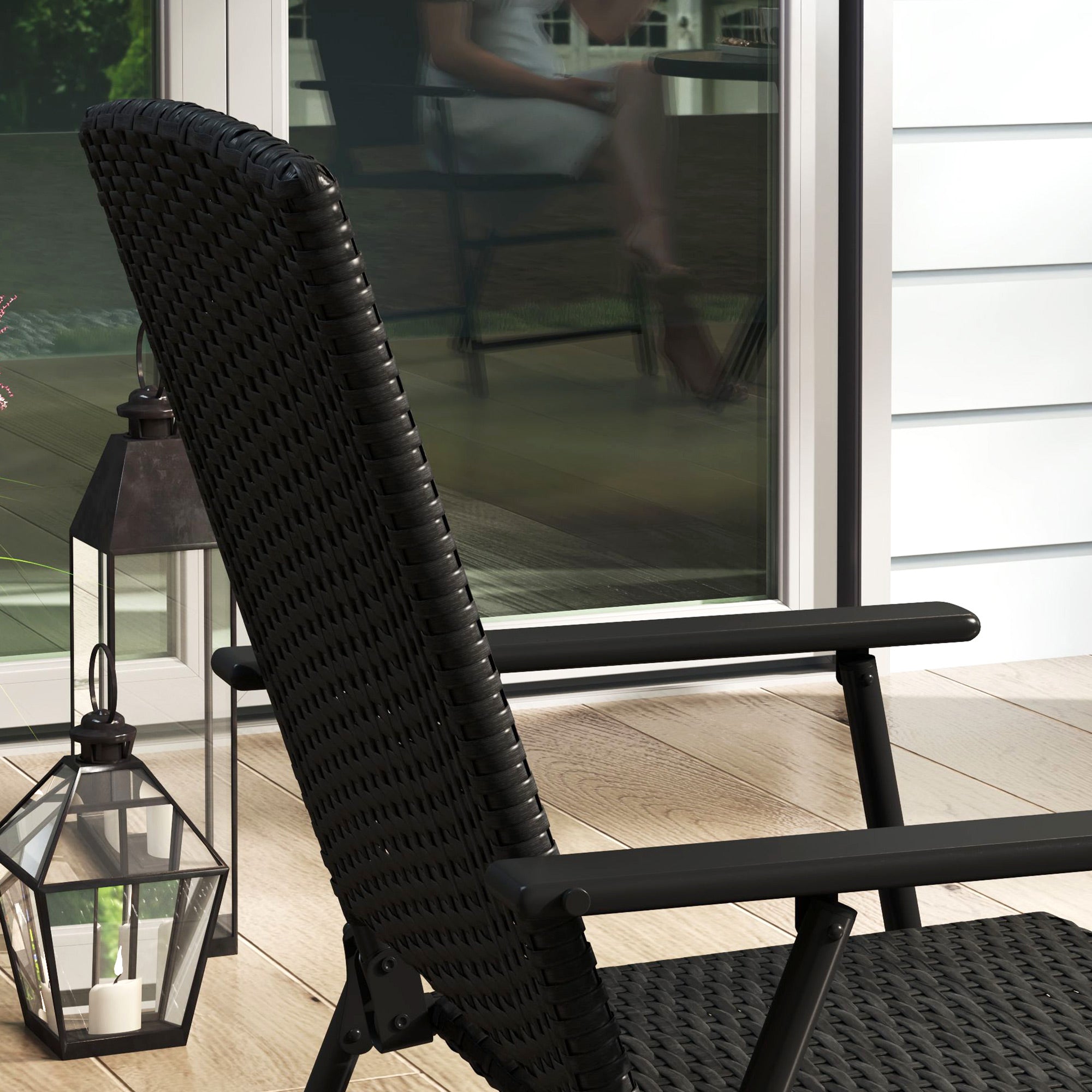 Set of Four Folding Rattan Chairs, High Back, Black