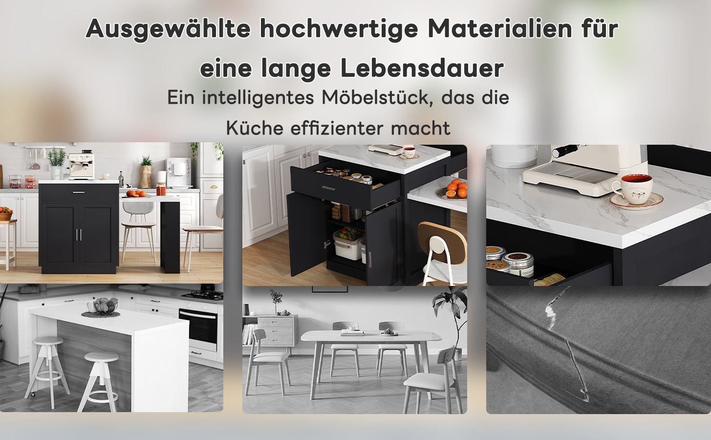 Kitchen Island with Extendable Dining Table for 4-6 People, Power Outlet and Storage Drawers, Black and White Marble Look