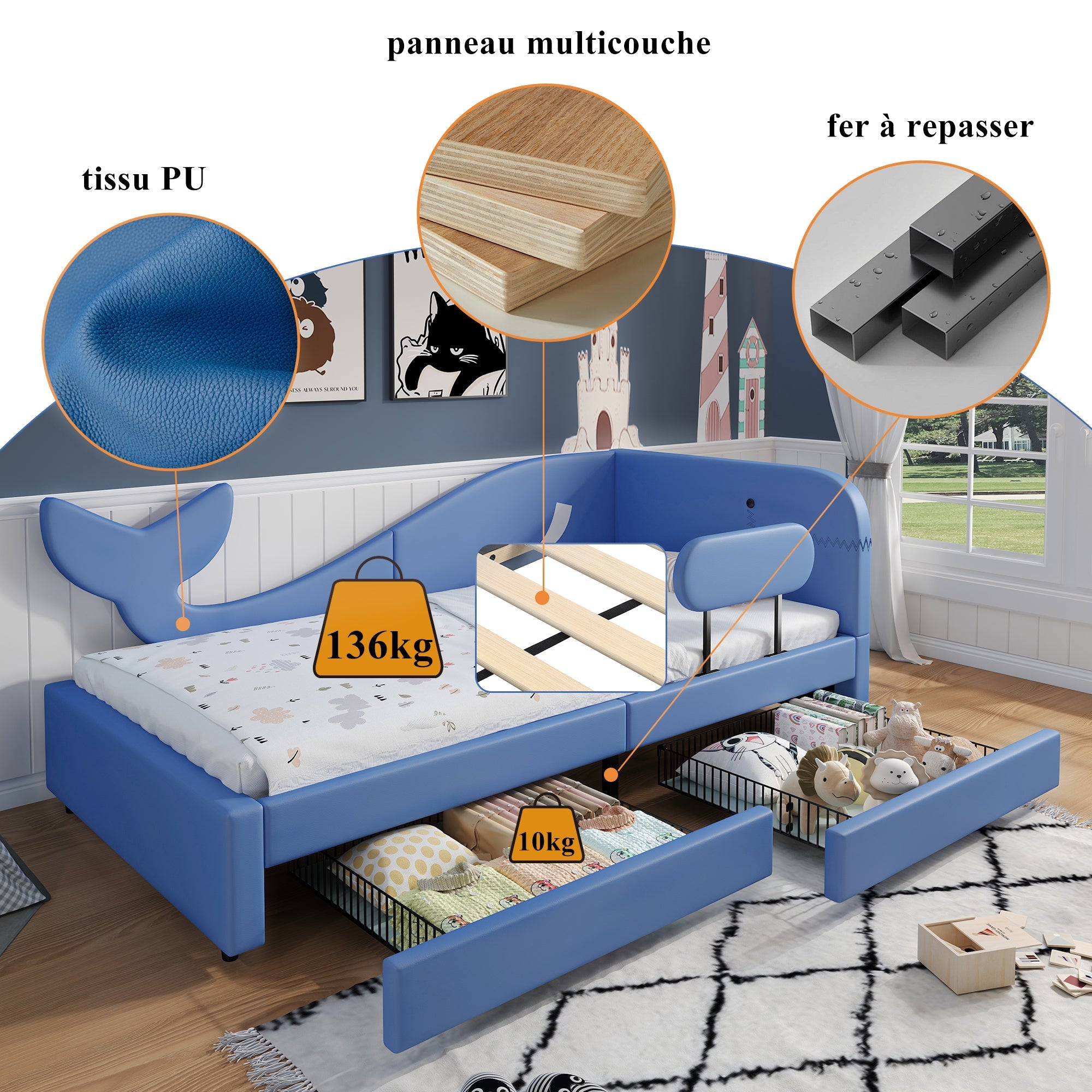 Children's Splicing Bed, Upholstered Daybed with 2 Drawers, Blue