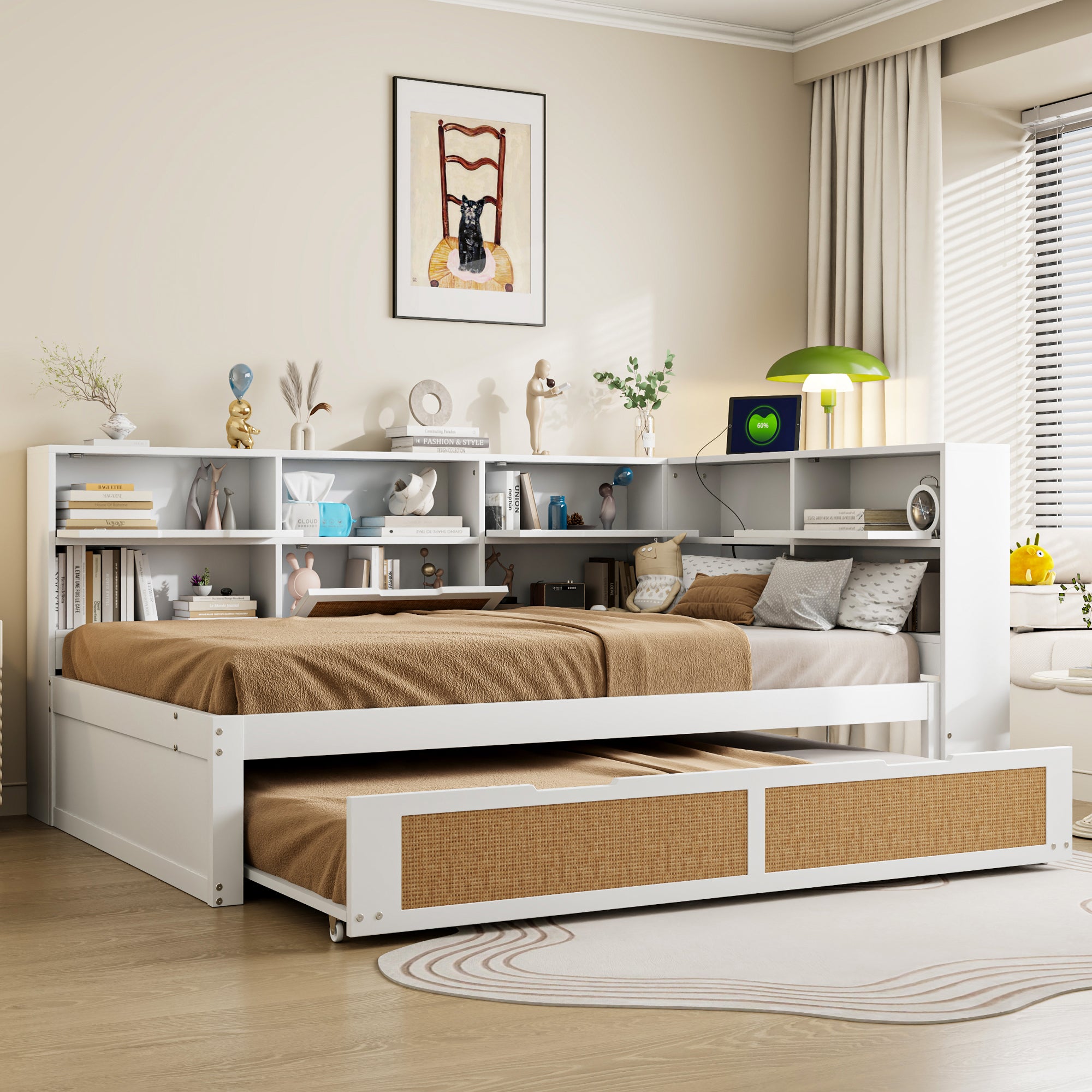 Sofa Bed, 140*200 Multifunctional with Pull-out & Storage, Wooden White