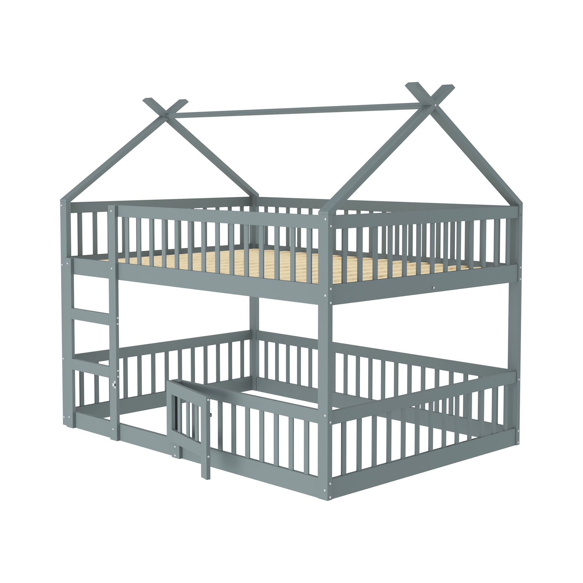 Bunk Bed, 140x200cm Family Bed with Stairs, Solid Wood, Grey