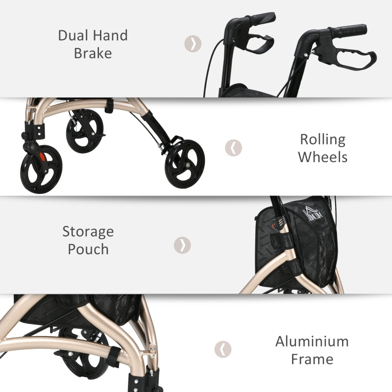 3 Wheel Rollator, Lightweight Aluminium Tri Walker with Adjustable Handle, Storage Bag, Dual Brakes, Gold Tone