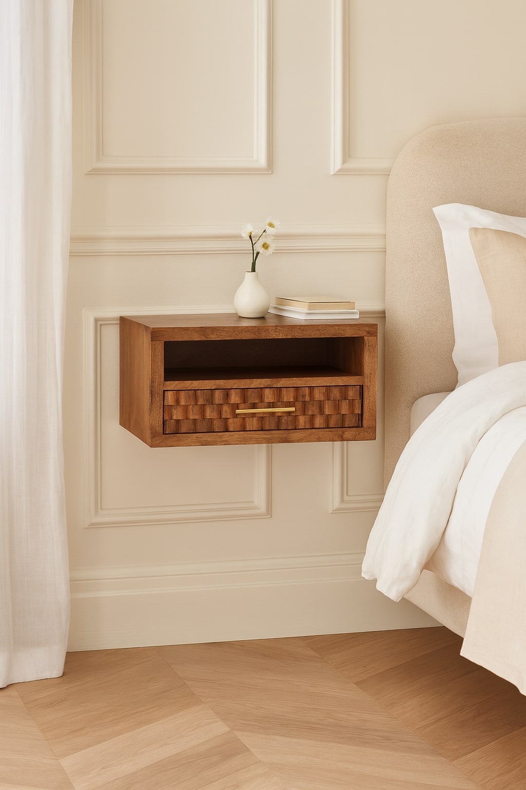 Arno Nightstand, Wall-Mounted, Golden Teak