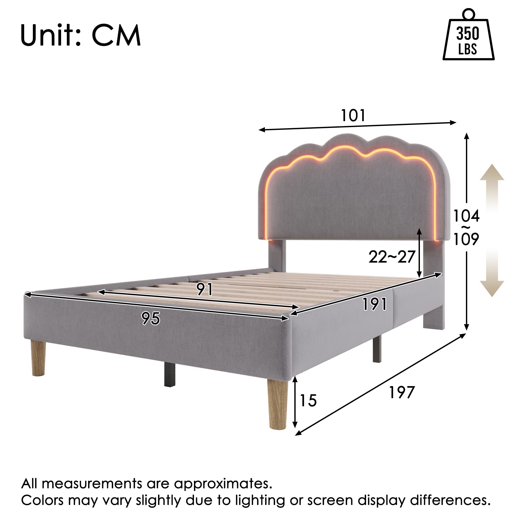 Upholstered Bed: Single Bed with LED & Adjustable Height Headboard, Grey Linen Material