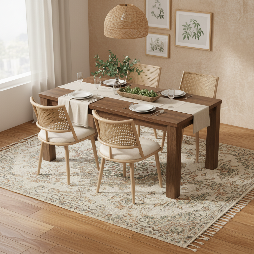 Set of 4 Bamboo Kitchen Chairs, PU Seat Rattan Backrest Armchair, Beige