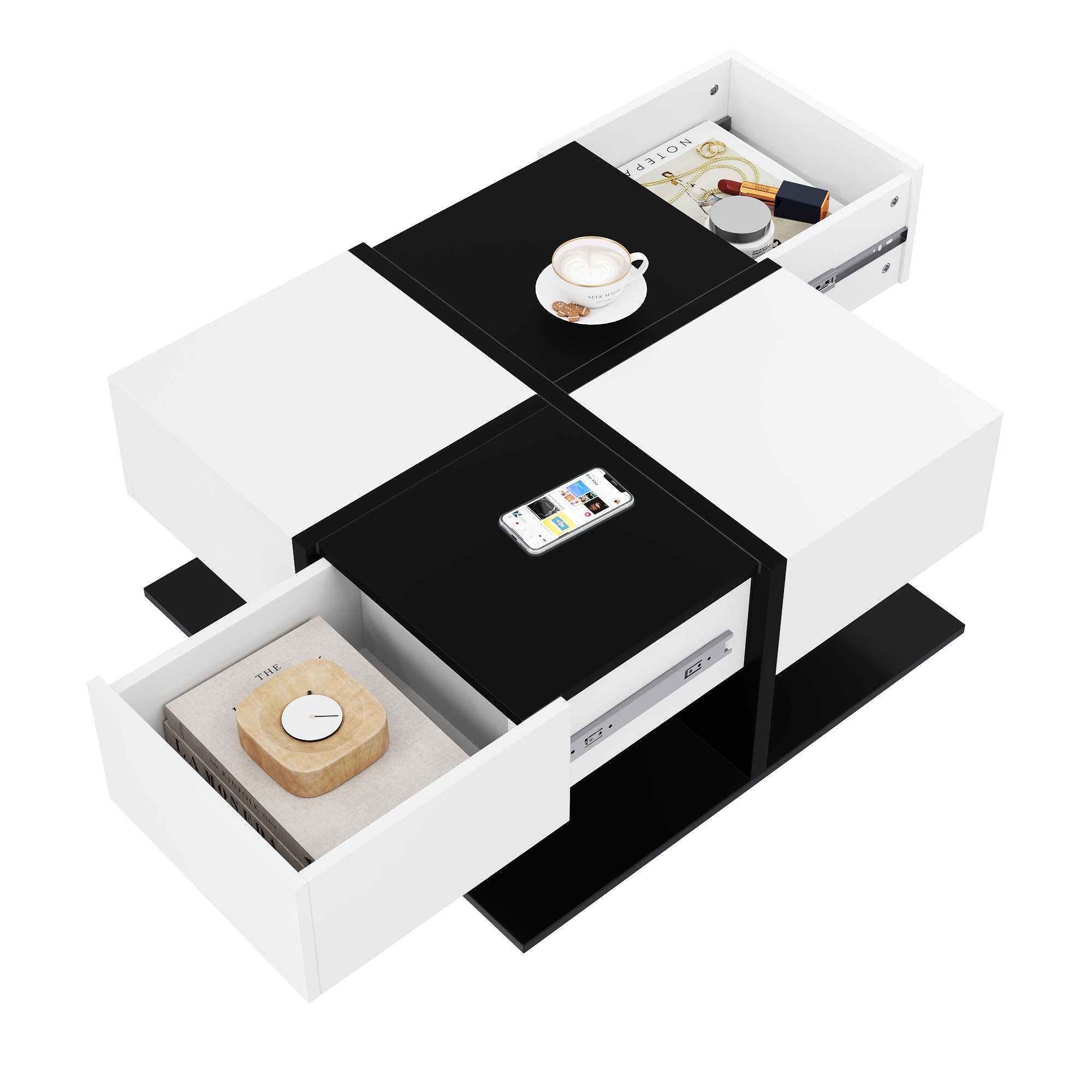 Modern Coffee Table with 2 Drawers, Square Living Room Table, 70x70x35.5 cm, Black and White