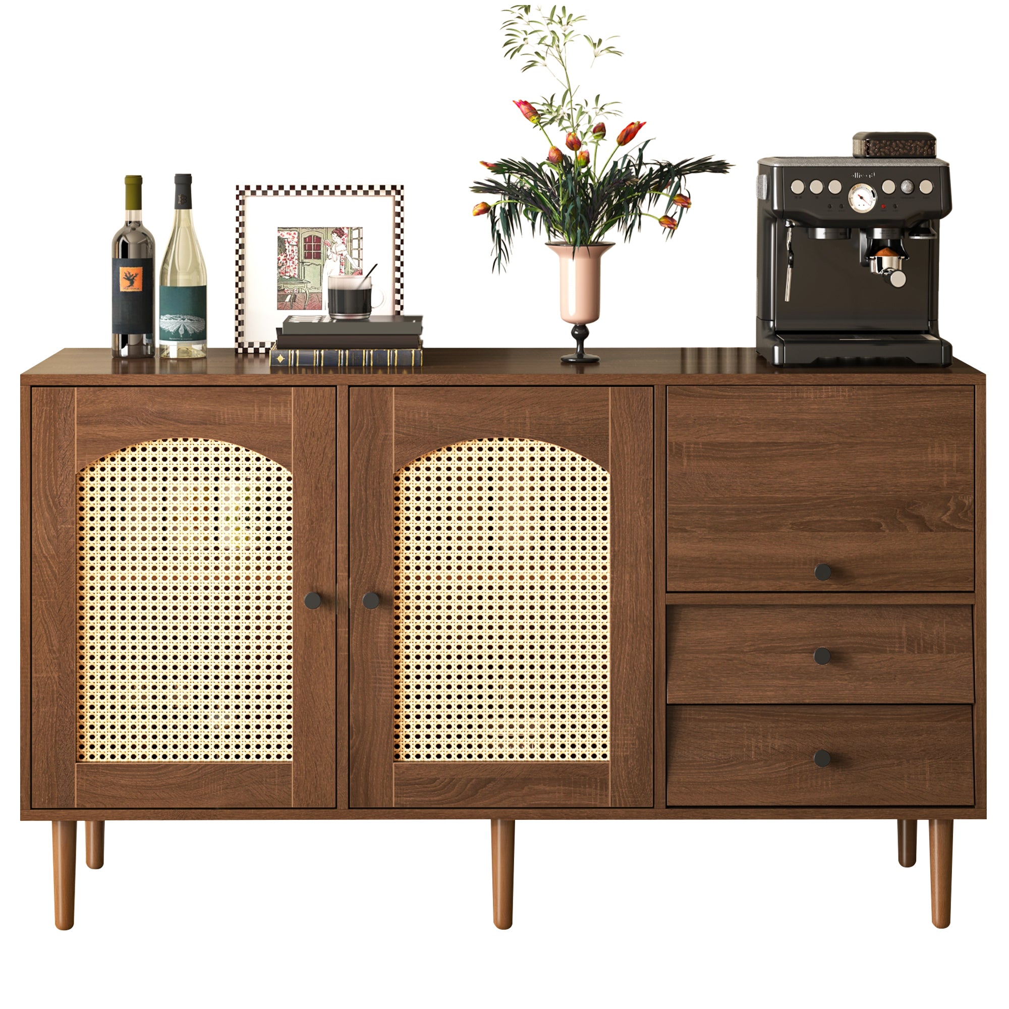 Sideboard, Country-Style with Rattan Doors, Adjustable Shelves, Wood Color