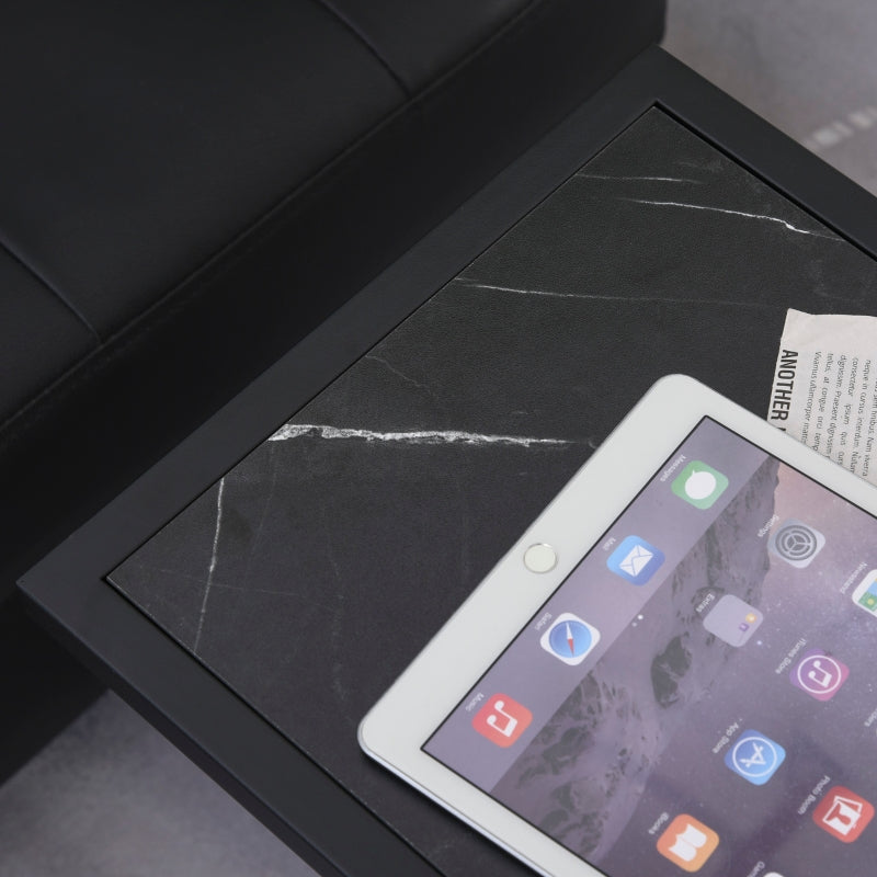 C Shape Bedside Table, Metal Frame Snack End Table, Marble-Effect Top, Black