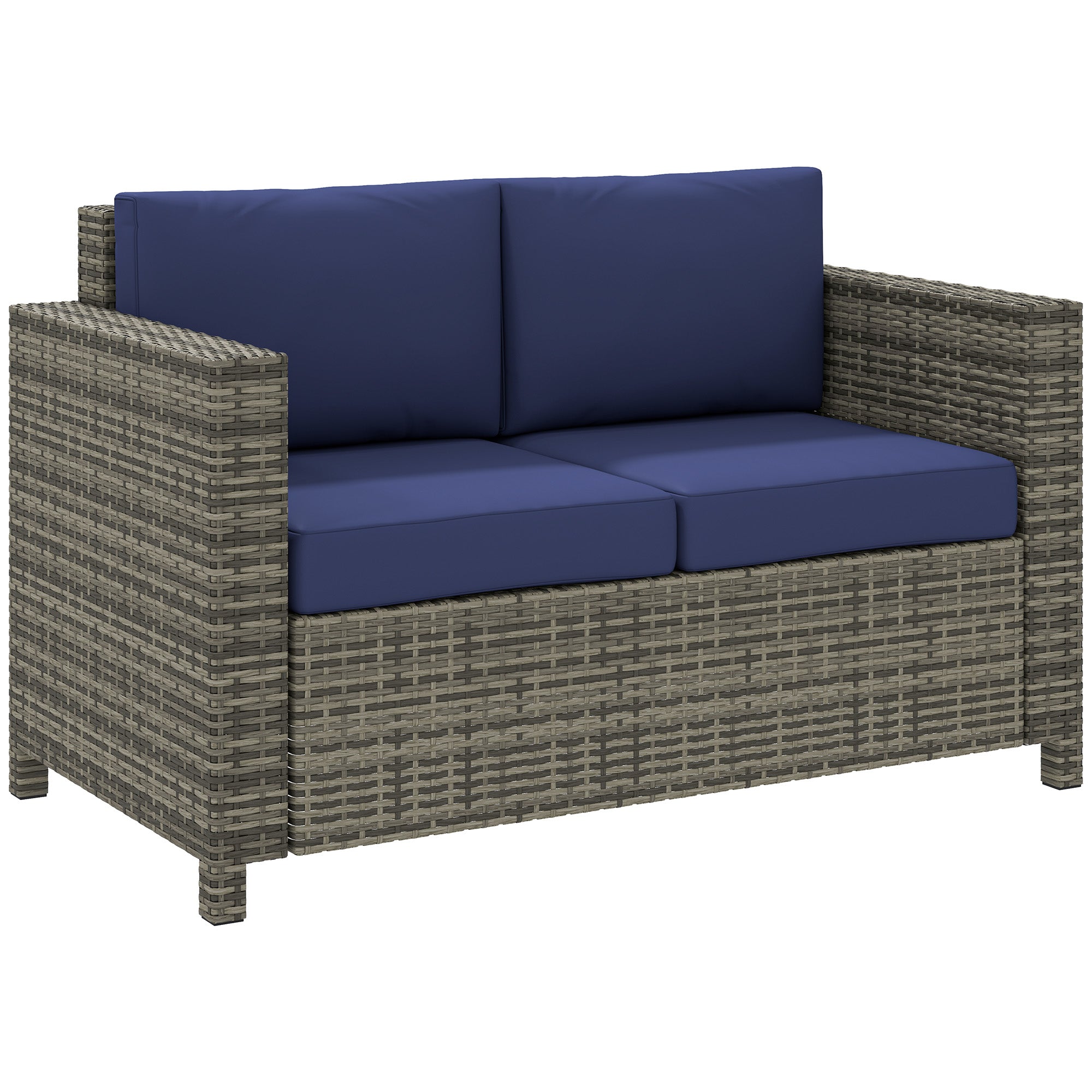 Rattan Sofa, 2 Seater Garden Loveseat with Soft Padded Cushion, Navy Blue