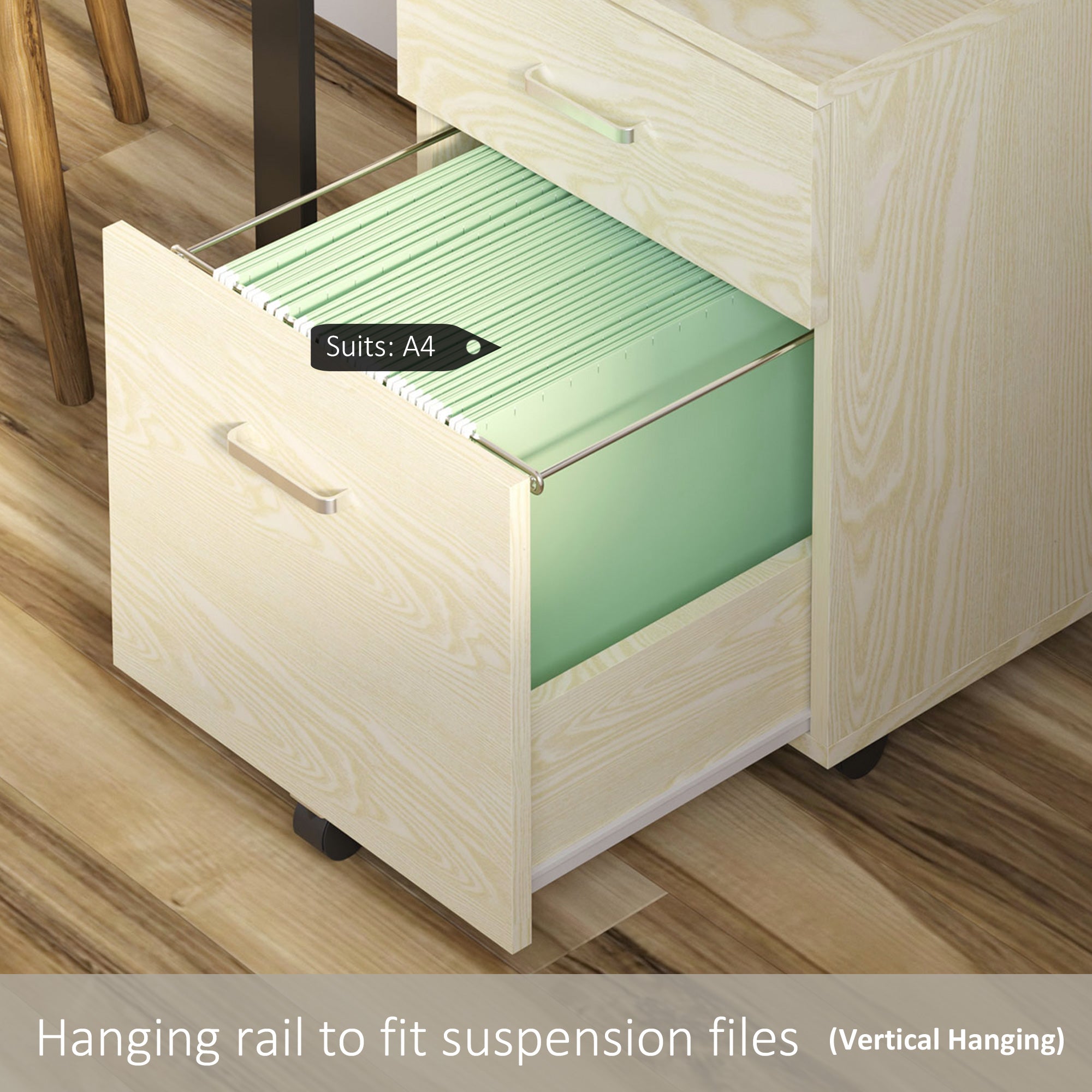2-Drawer Filing Cabinet, Locking Rolling A4 Storage Cupboard, Oak Wood Grain