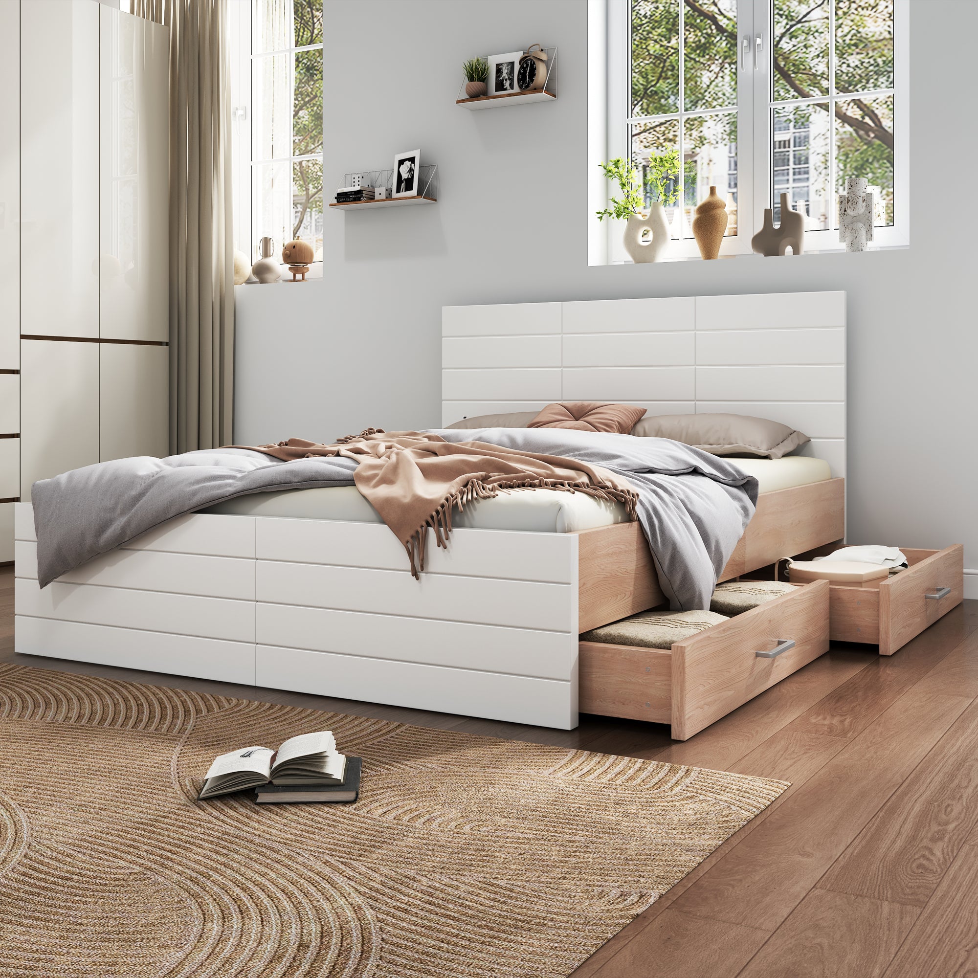 Double Wooden Bed, 160x200cm with 2 Drawers & Slatted Frame, Oak/White