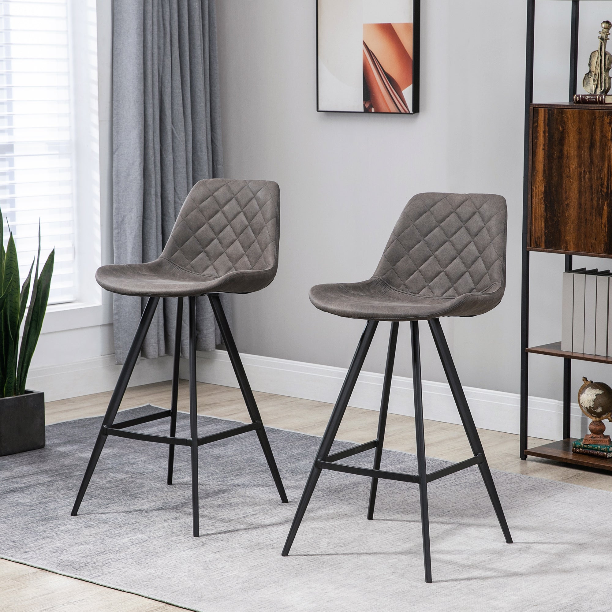 Set Of 2 Bar Stools, Padded Steel Frame Tub Seats, Dark Grey Microfiber Cloth