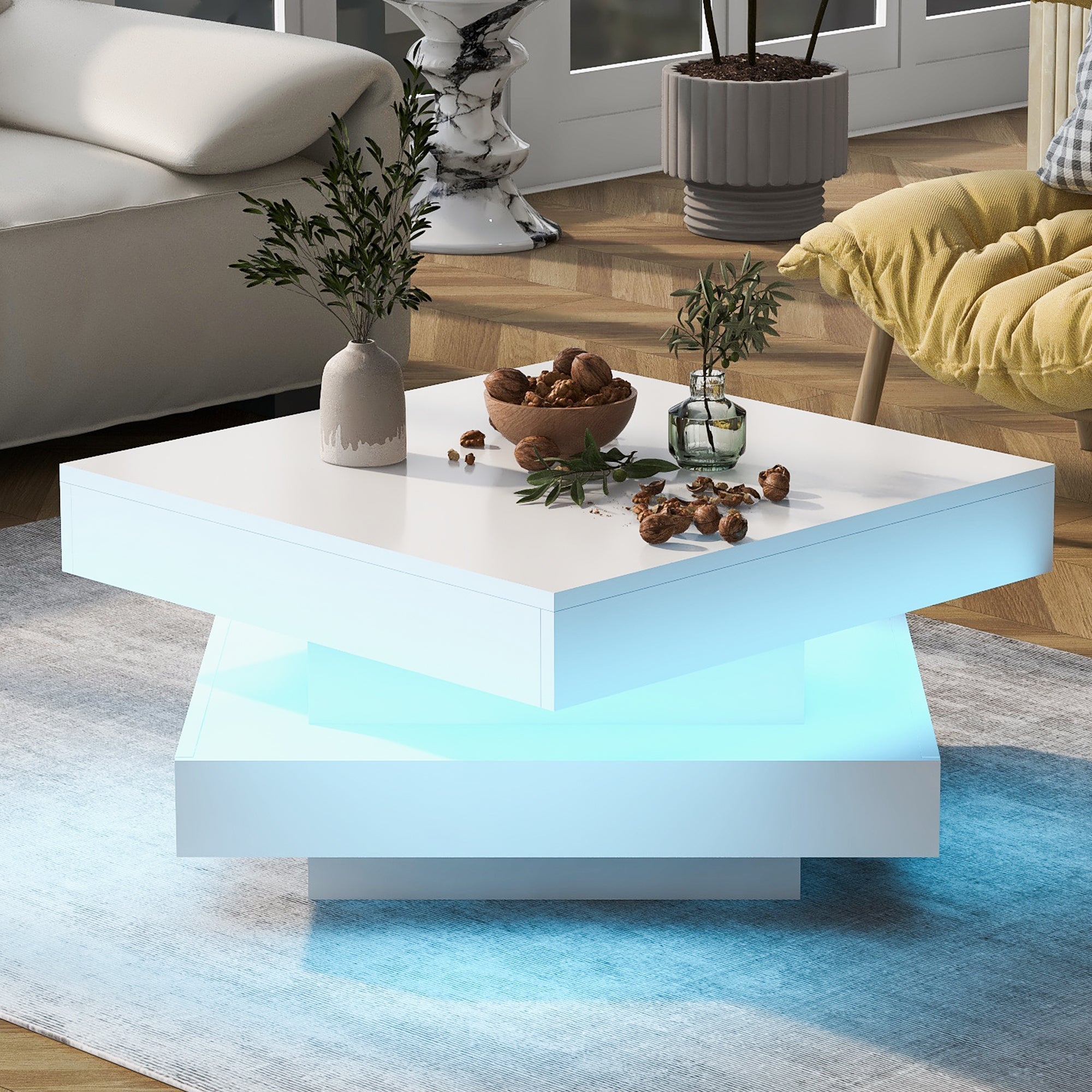 White Square High Gloss Coffee Table with 360° Rotating Top, Tea Table with 16-Color LED light, 70x70x36 cm
