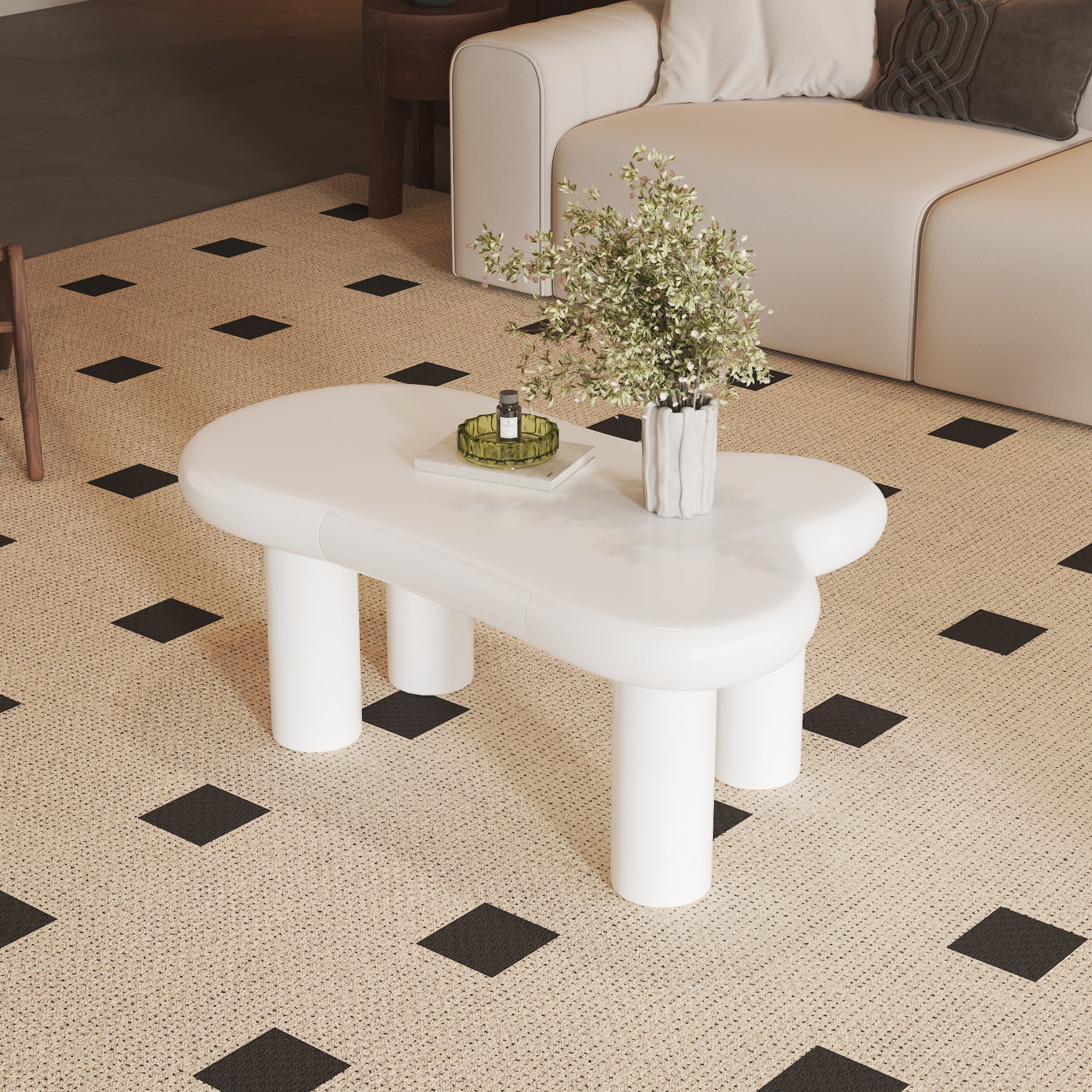 Coffee Table, Cloud-Shaped with 16-Color LED & Drawer, White MDF