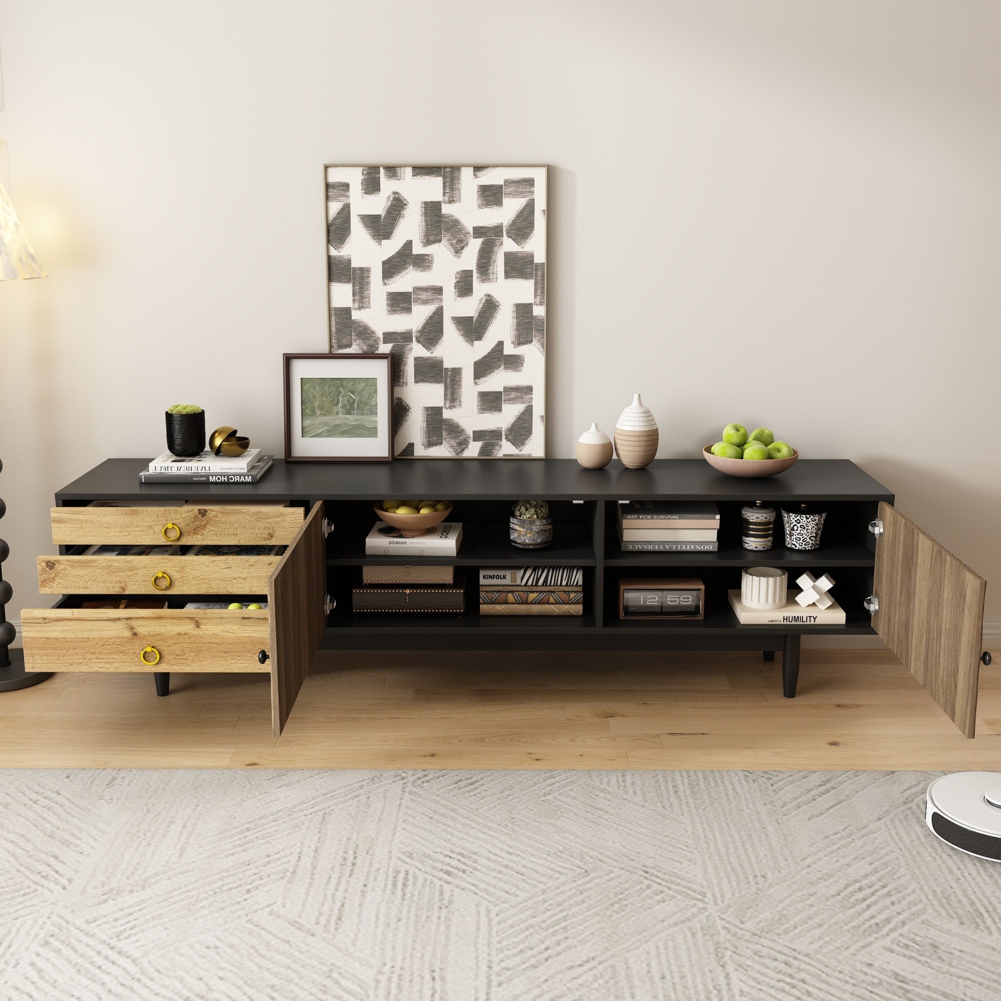 TV cabinet, water wave pattern, three drawers, wood and black