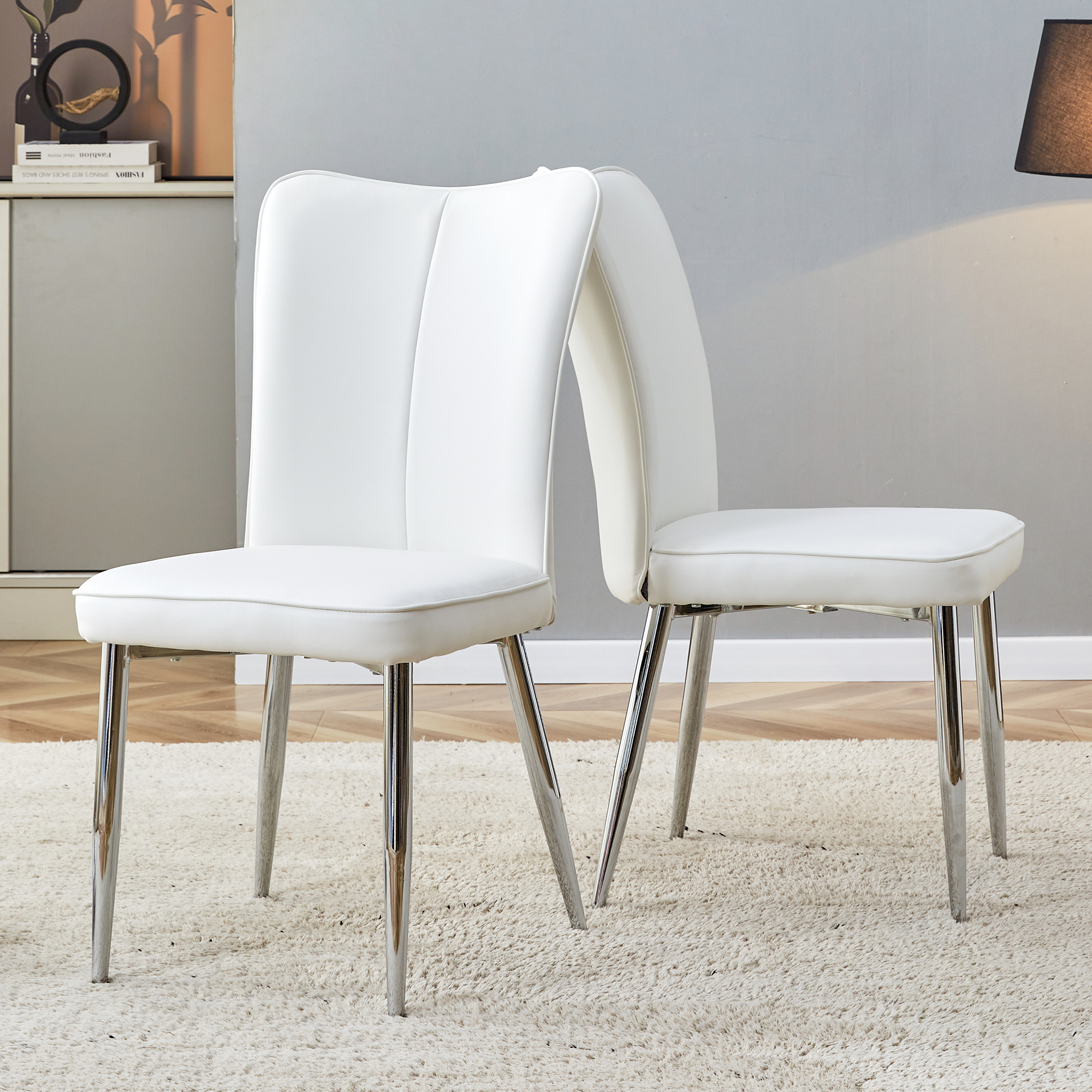 Dining Chairs Set of 2, Modern 89cm PU Silver Metal Legs, White