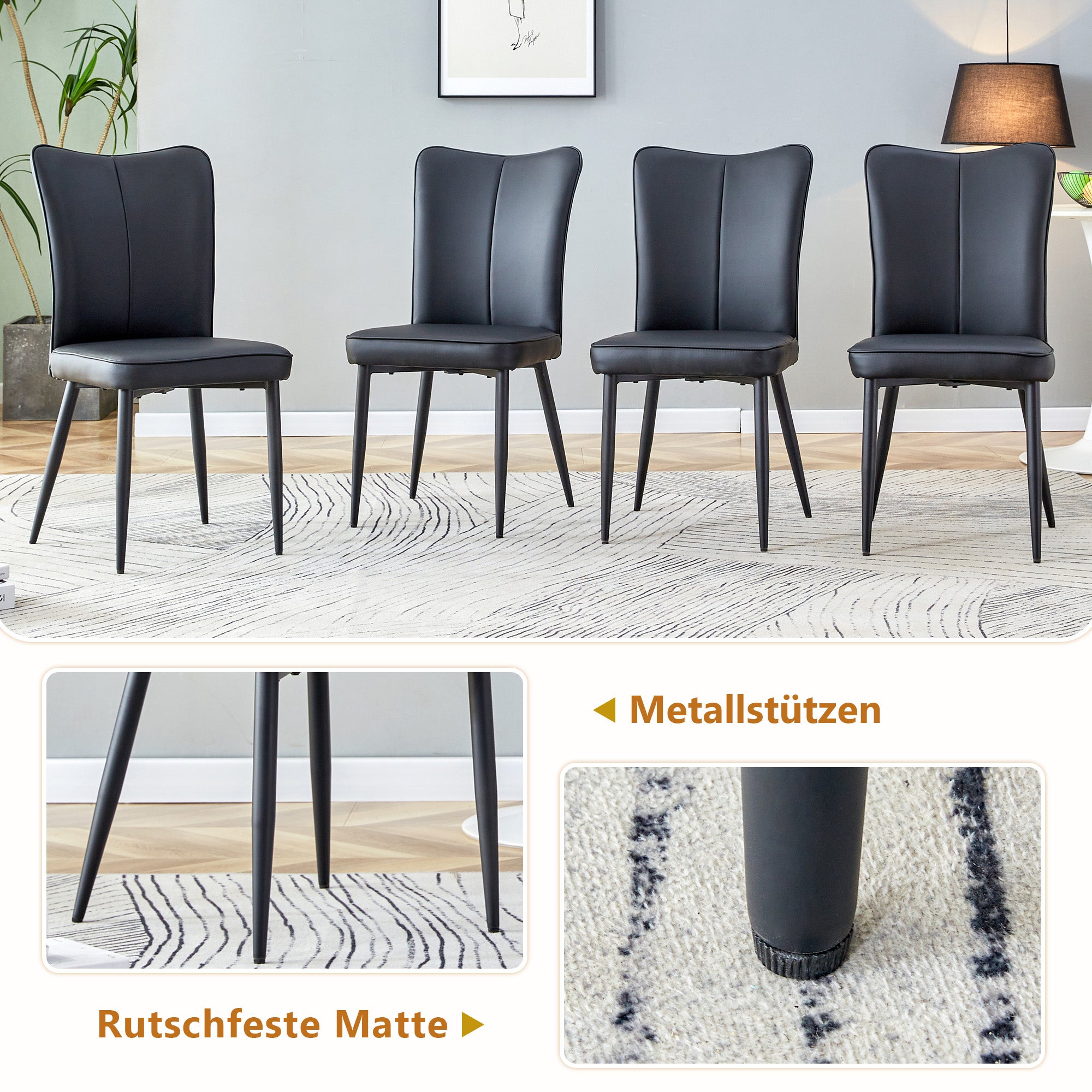 160 cm Rectangular Dining Table Set, 6 Black PU Chairs with Storage, Black Metal Legs