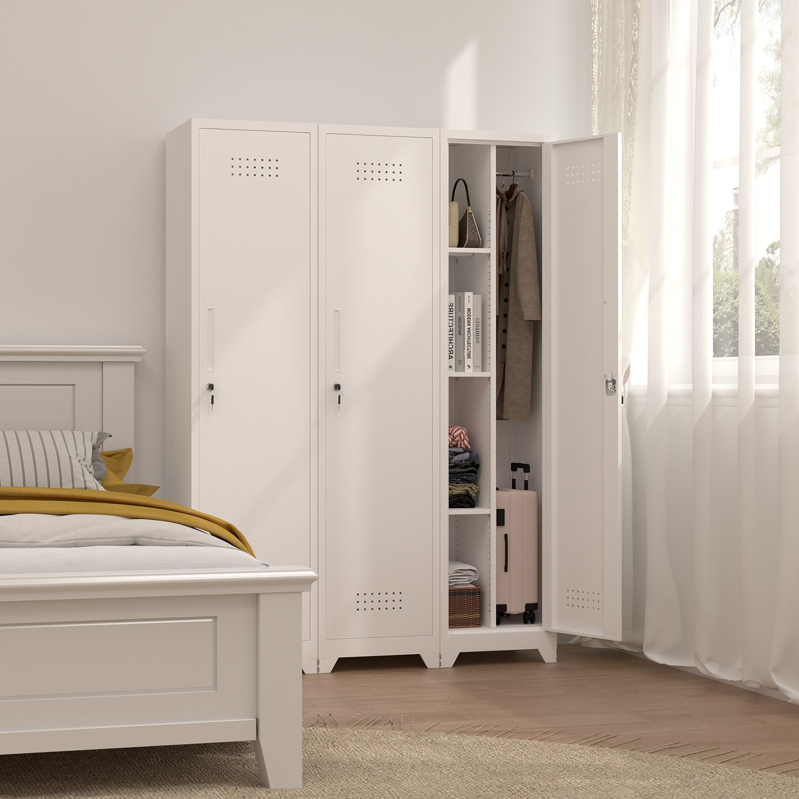 Slim Broom Storage Cabinet with Shelves, Hanging Rod and Locking Door, Metal