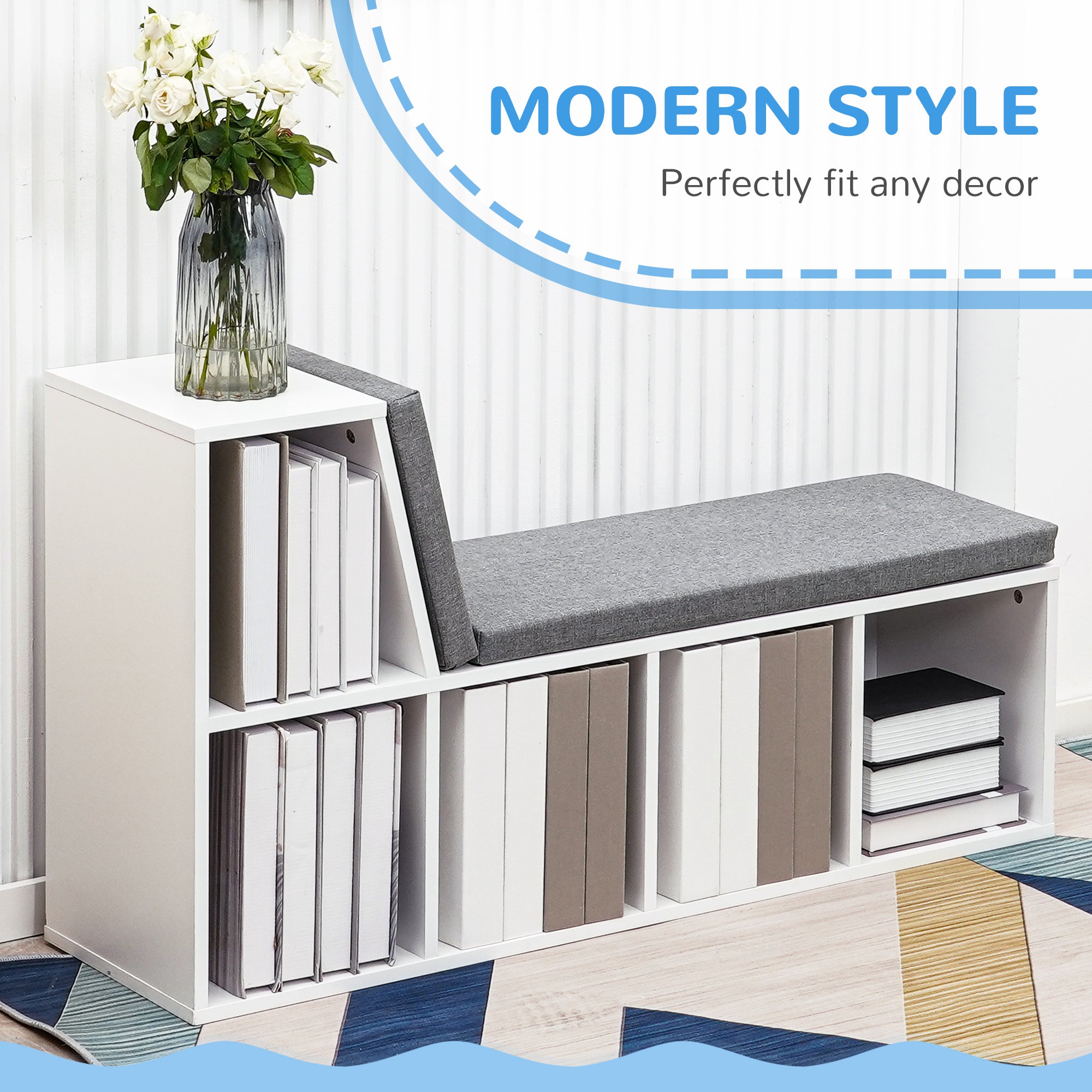 Bookcase Storage Shelf with Cushioned Reading Seat & Cabinet, Engineered Wood White