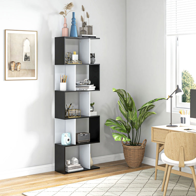 Bookcase S-Shaped 5/6 Tiers Freestanding Display Storage Rack, Wooden Black and White