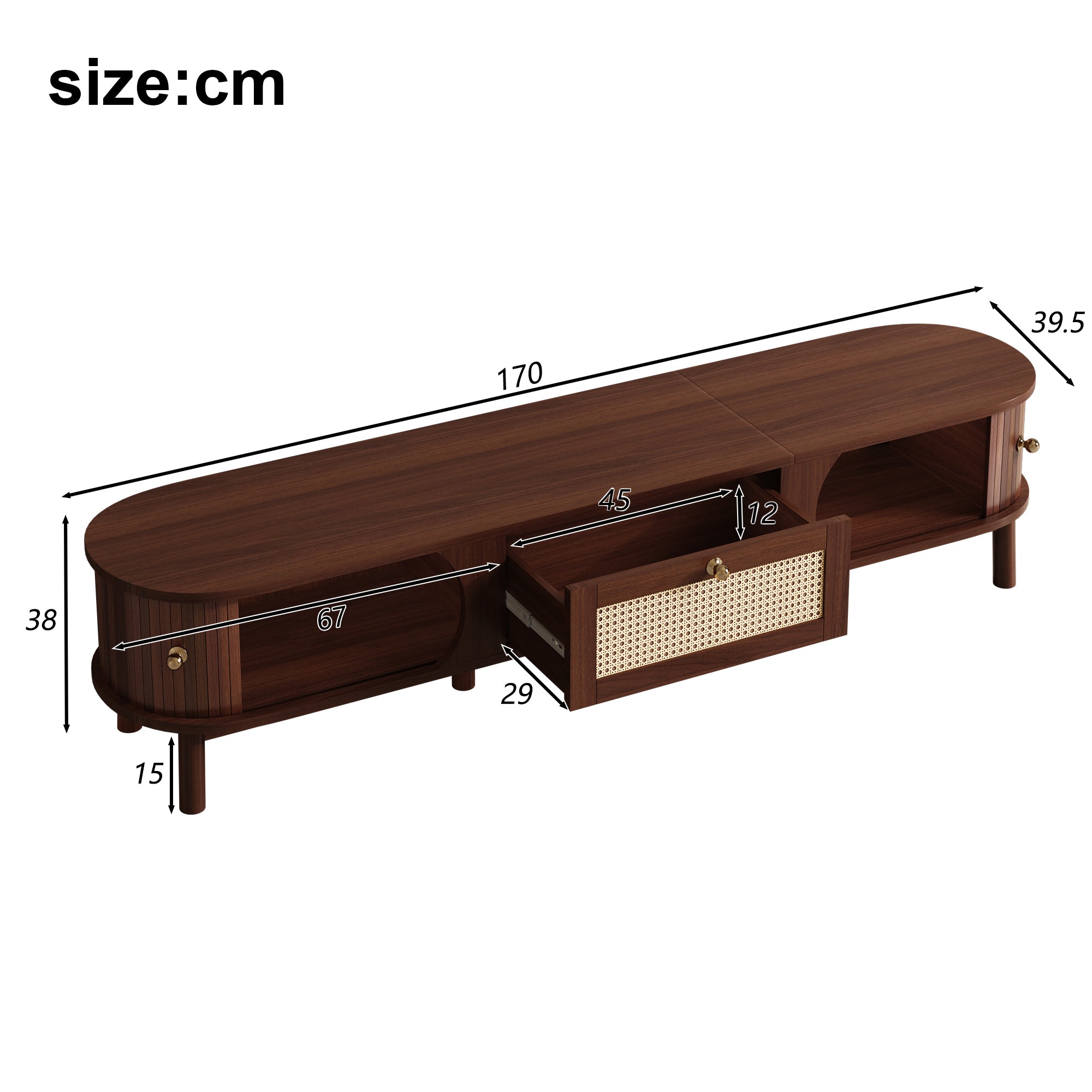 TV Cabinet Natural Wood Doors Rattan Drawers Rustic Storage