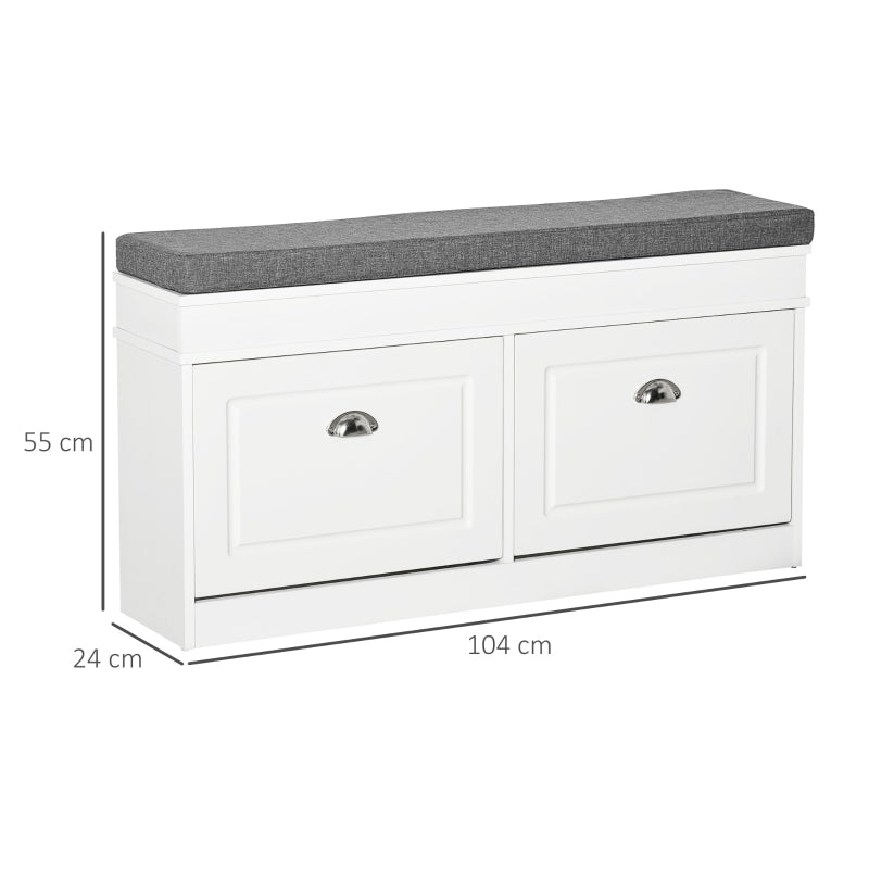Shoe Storage Bench with Flip Drawers, Seat Cushion, Adjustable Shelf, White
