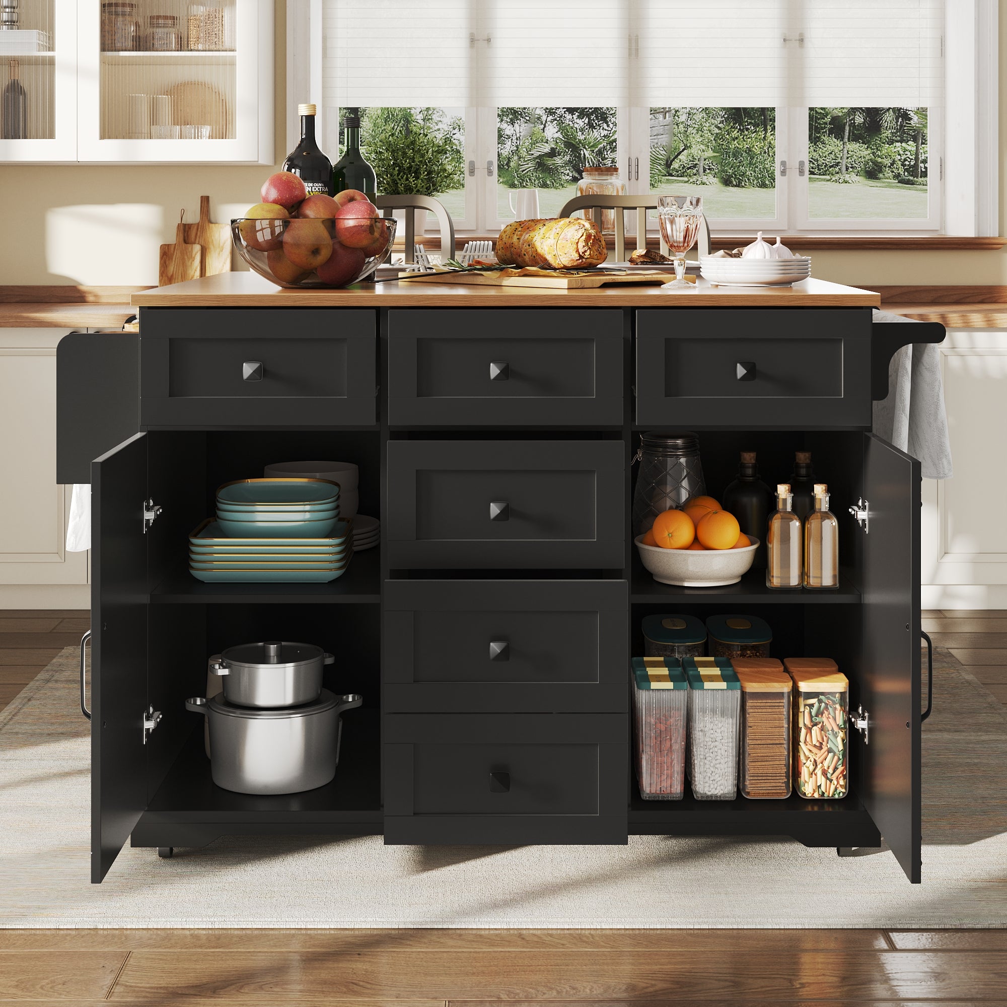 Kitchen Island with Multifunctional Serving Trolley and Large Storage Space, Black Wood Grain