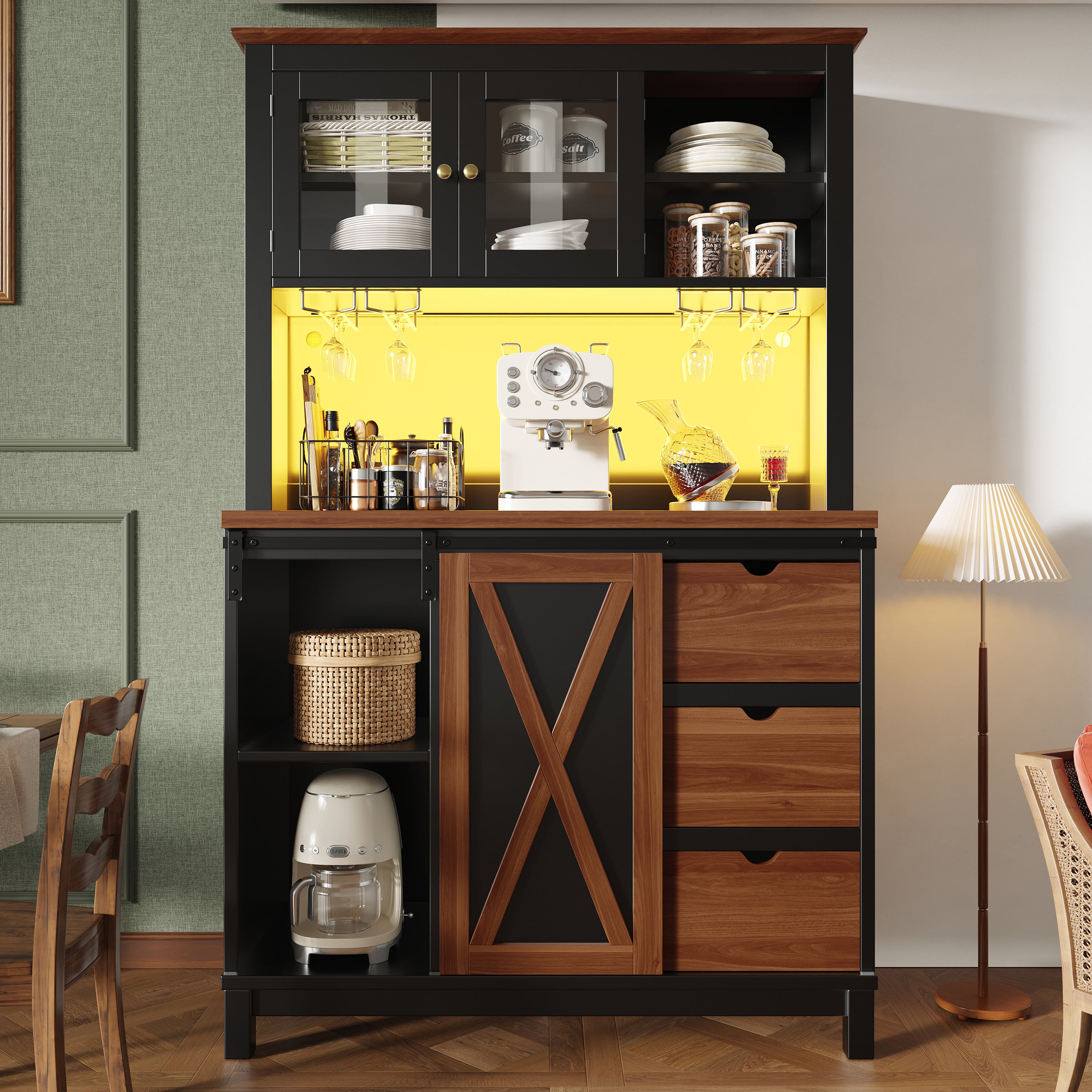 Modern Tall Sideboard Cabinet with LED App Control and Sliding Door, Black