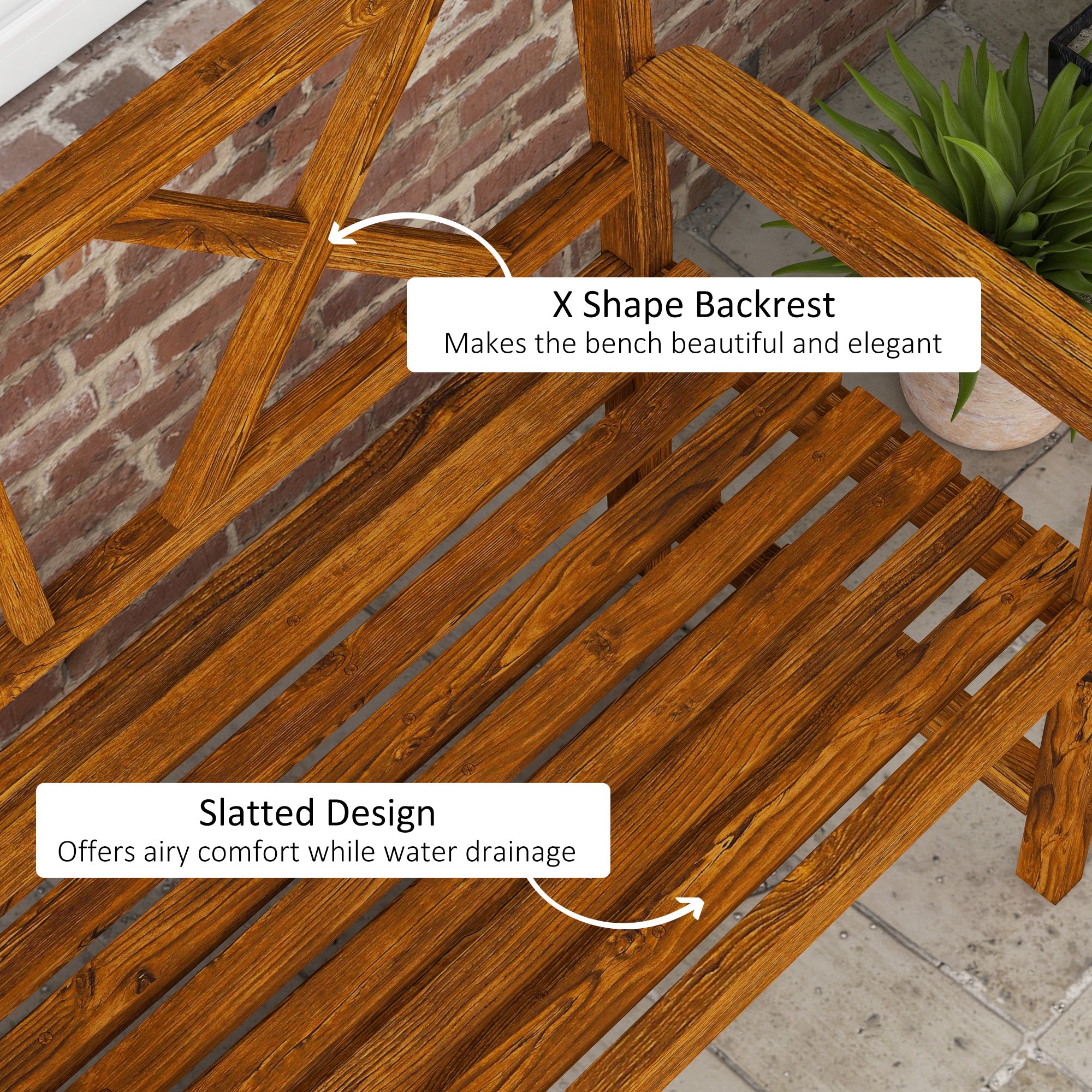 Two-Seater Fir Wood Bench with Bottom Shelf, Natural