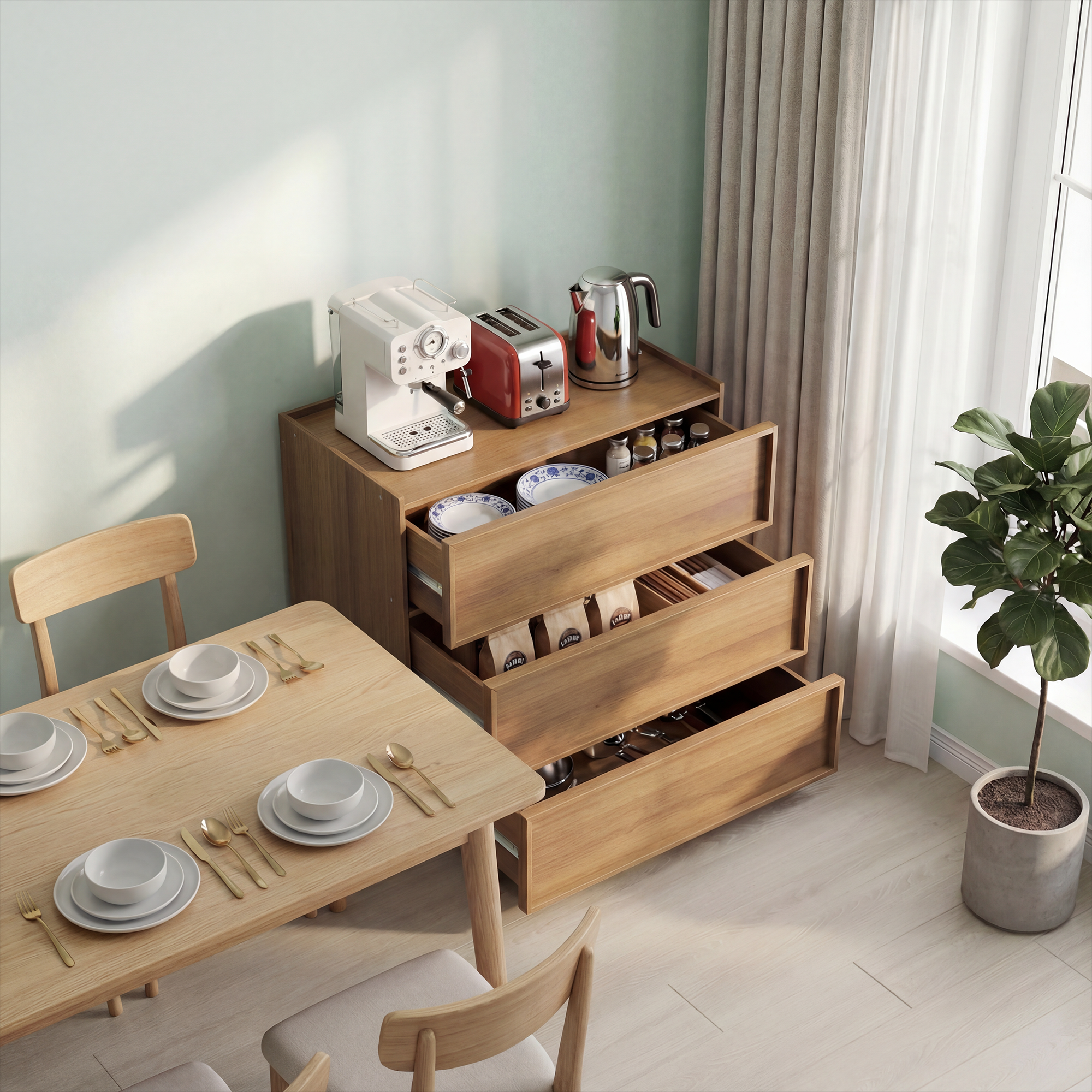 Chest of Drawers with 3 Storage Drawers and Metal Rails, Oak Wood Look