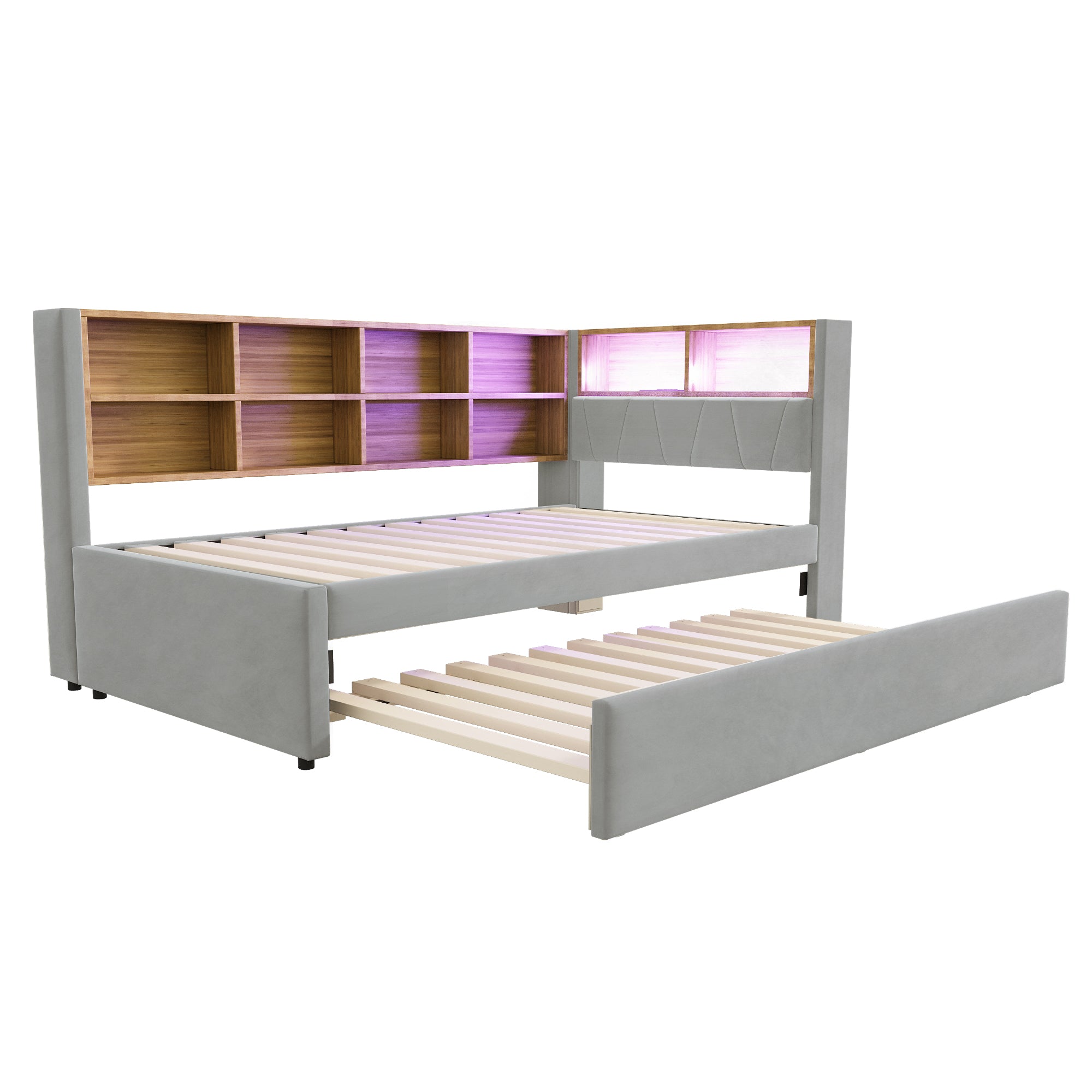 Sofa Bed 90*200, Pull-Out 90*190 with LED Lights, Sockets & Storage, Flannel Light Gray