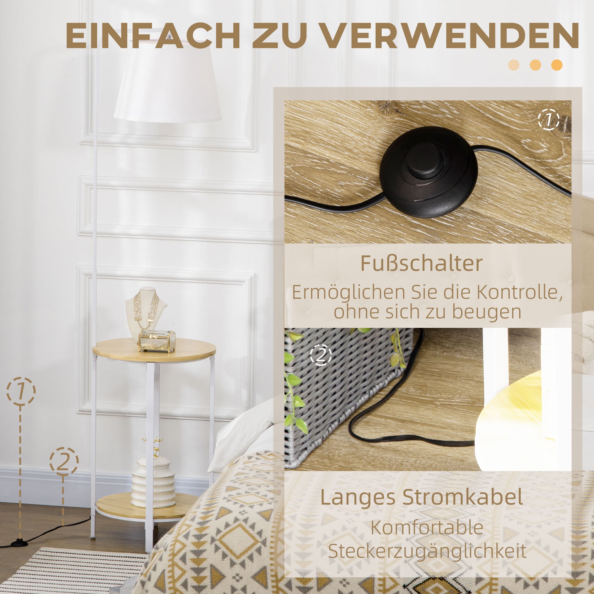 Floor Lamp 162cm Standing with 2 Shelves Linen Lampshade, White Metal