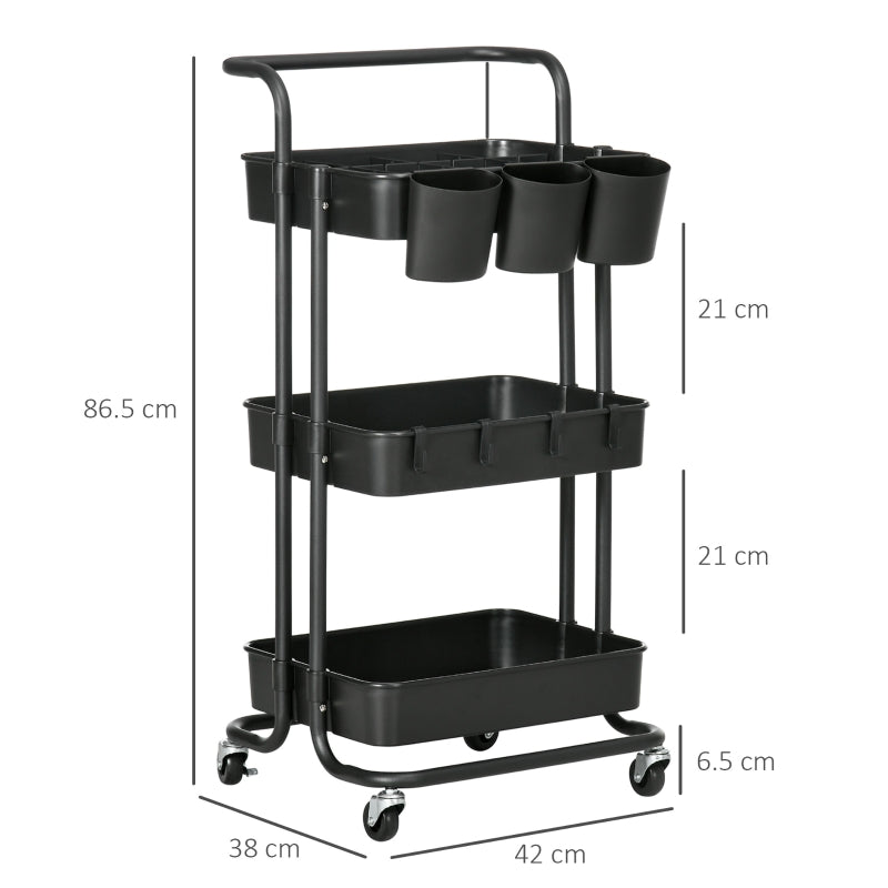 Three-Tier Home Trolley with Handle and Wheels, Black