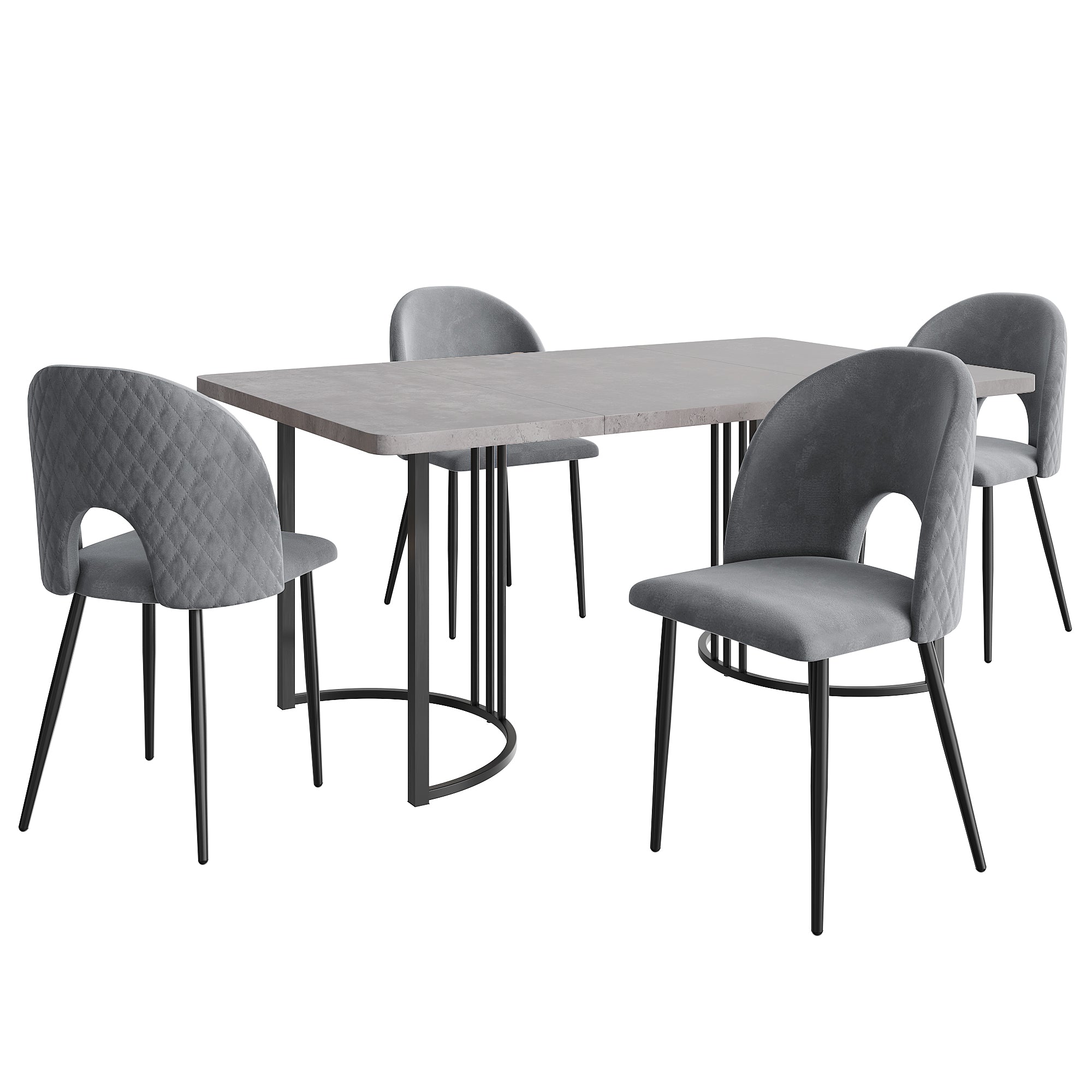 Dining Set, 140x80cm with 4 Velvet Chairs, Gray MDF & Black Legs