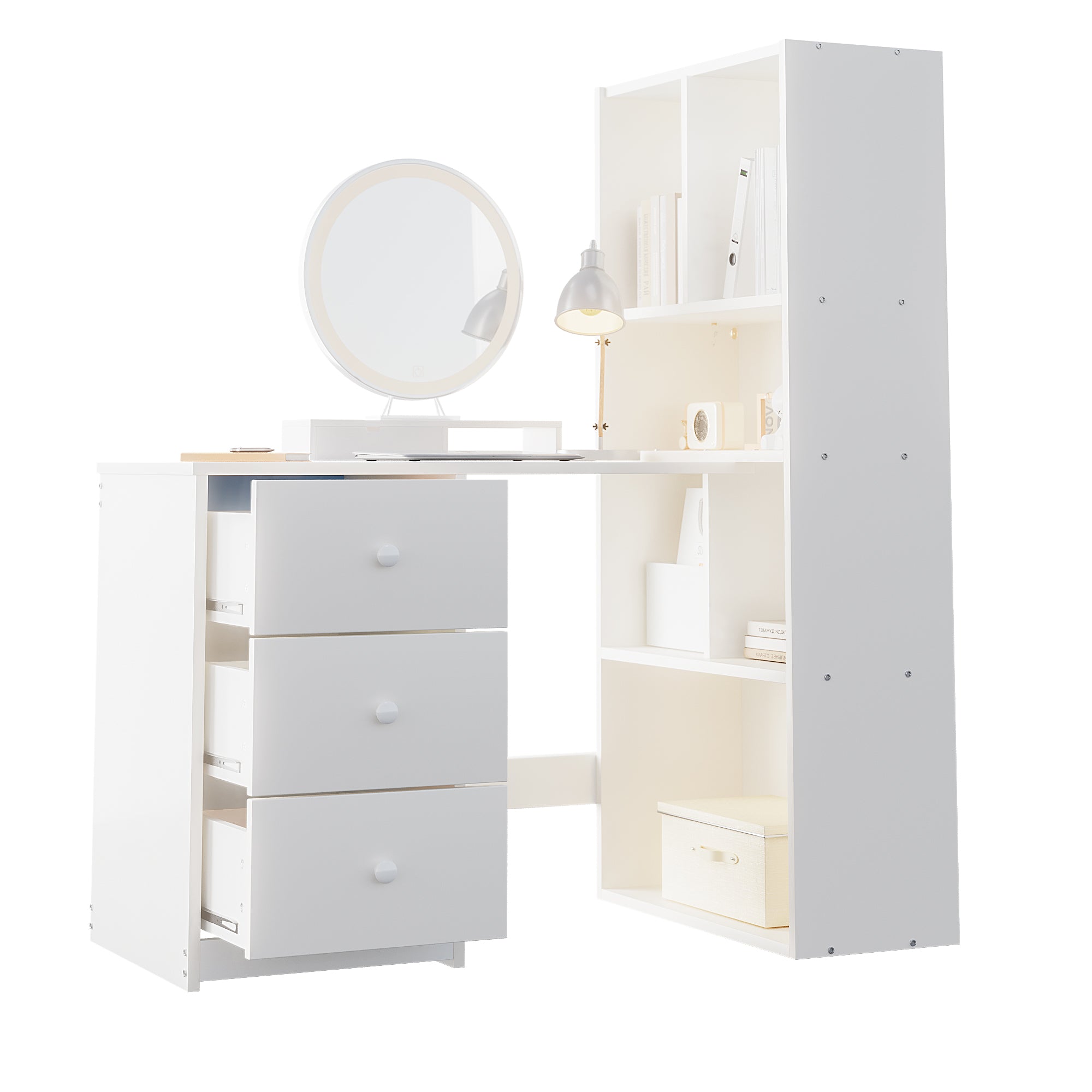 Corner Desk with Bookshelf, 4 Storage and 3 Drawers, White