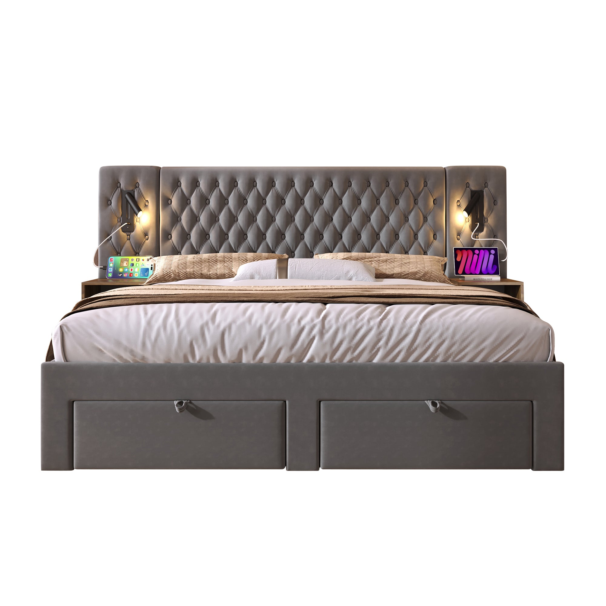 Bedroom Set, Upholstered Double Bed 160×200 cm with 2 Nightstands & 4 Drawers, Headboard Reading Light with USB Charging, Gray Velvet (With Mattress)