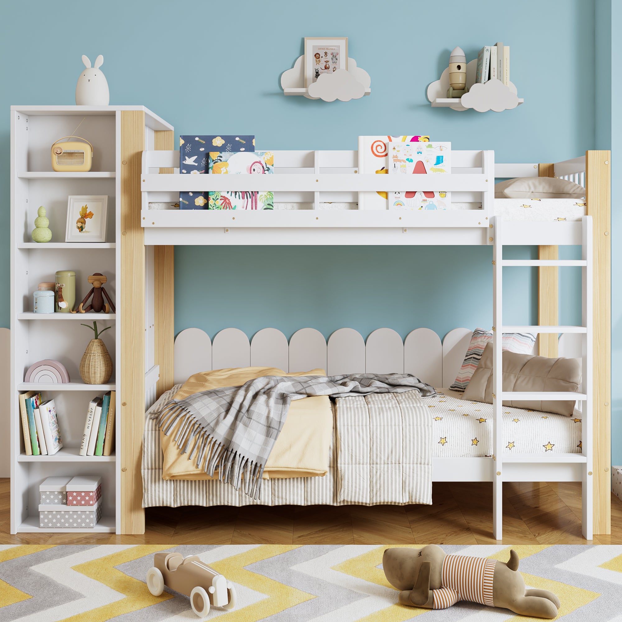 Bunk Bed, Child's with Ladder, Storage & Wardrobe, Pine+PB White+Natural